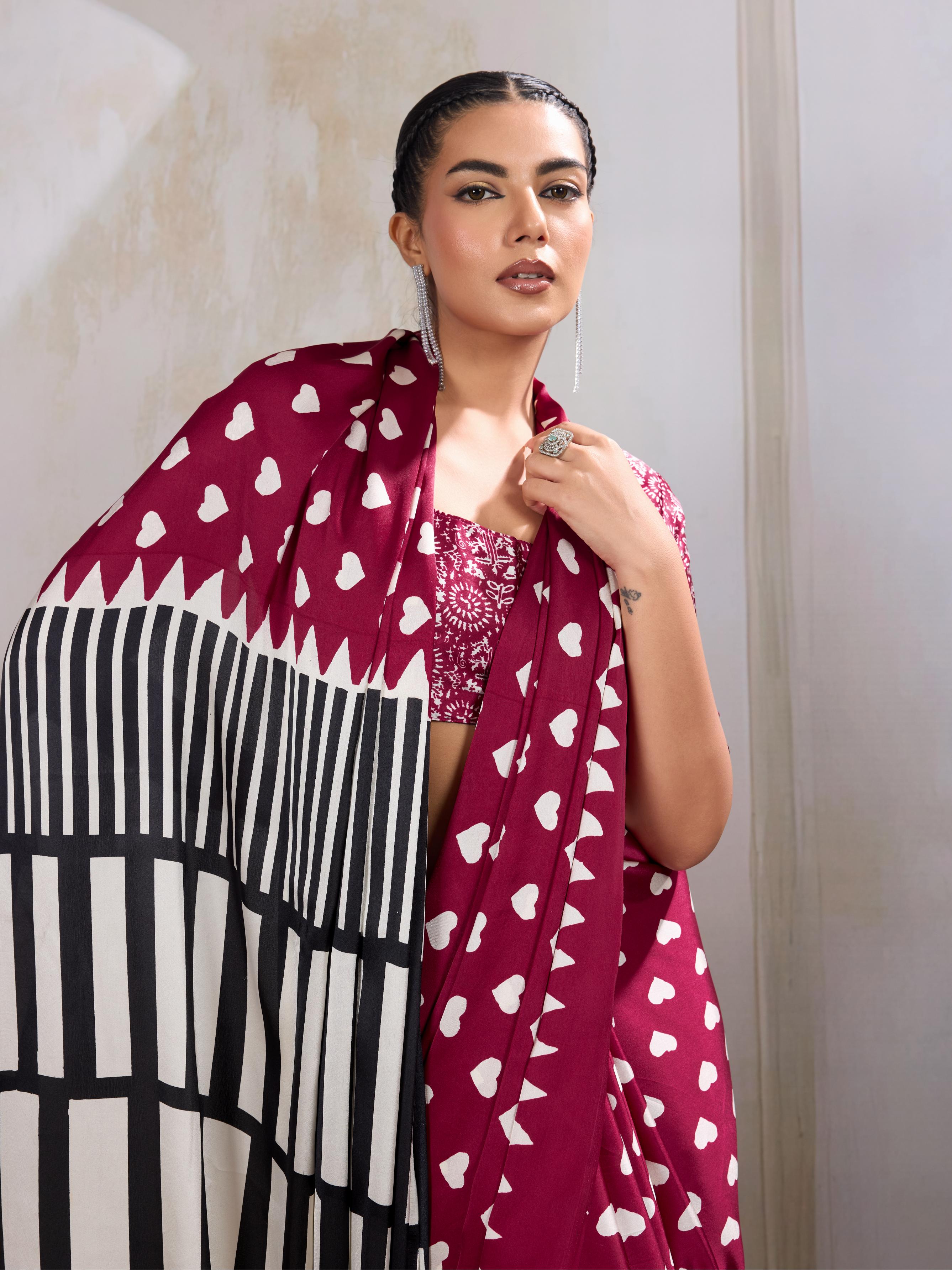 Poppies Maroon Ajrakh Printed Satin Crepe Silk Saree