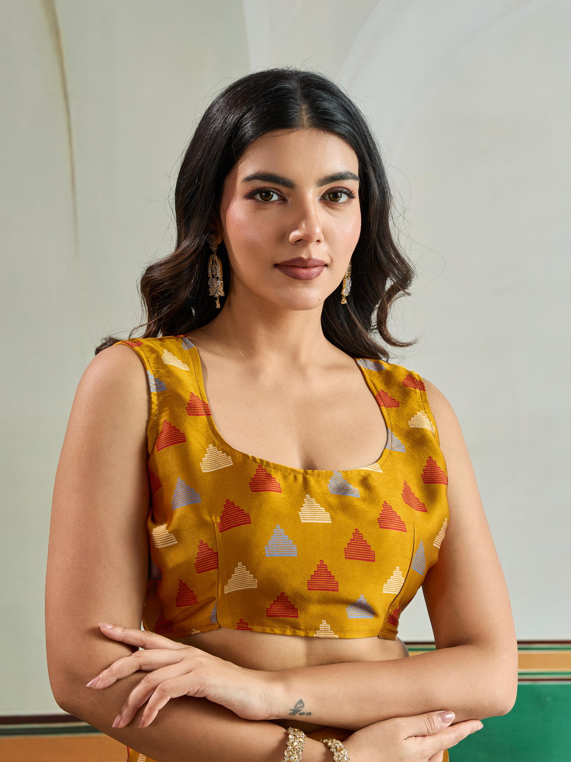 Citrine Yellow Modal Ajrakh Printed Satin Silk Saree