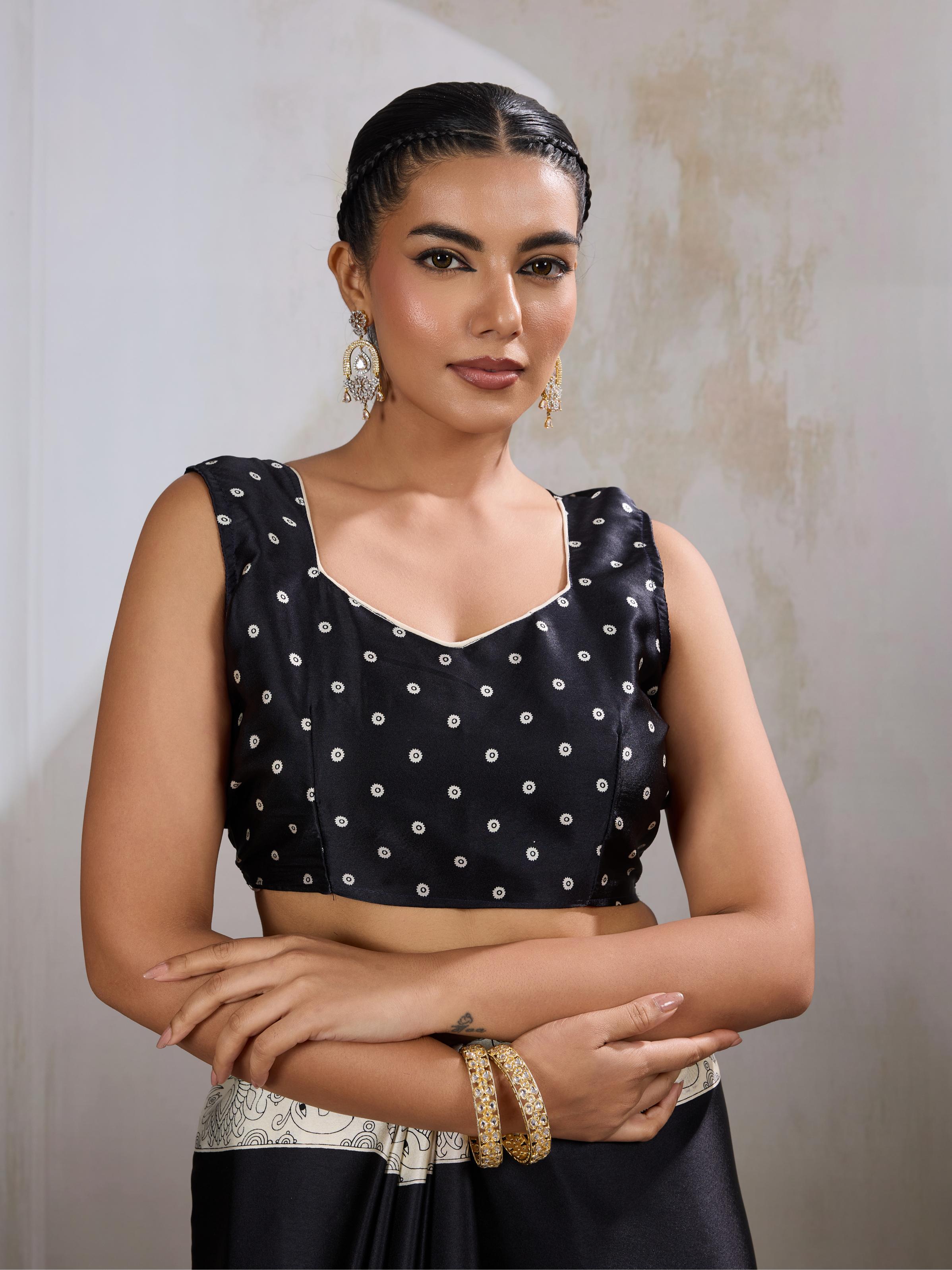 Galaxy Black Ajrakh Printed Satin Crepe Silk Saree