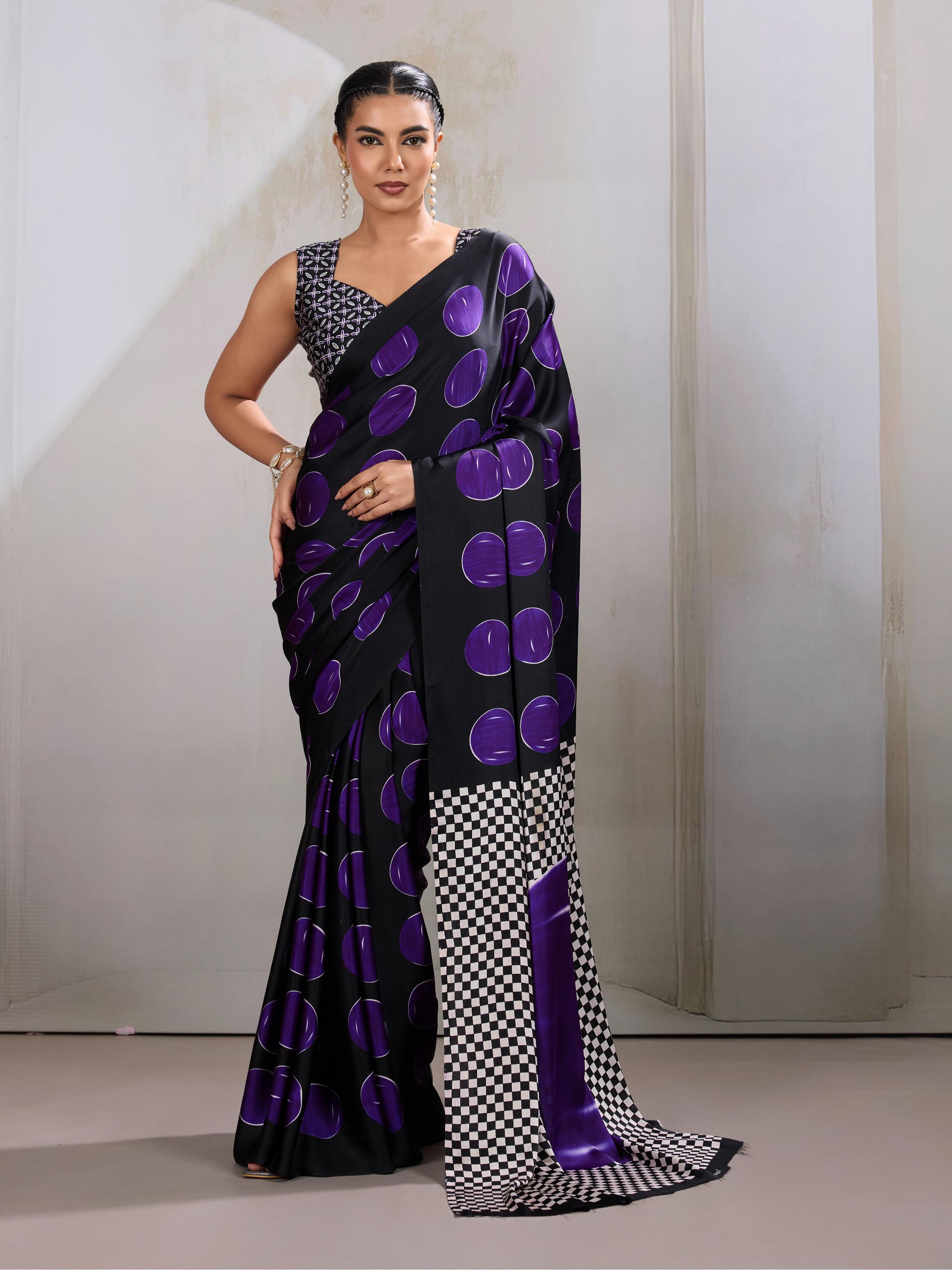 Boston Purple Ajrakh Printed Satin Crepe Silk Saree