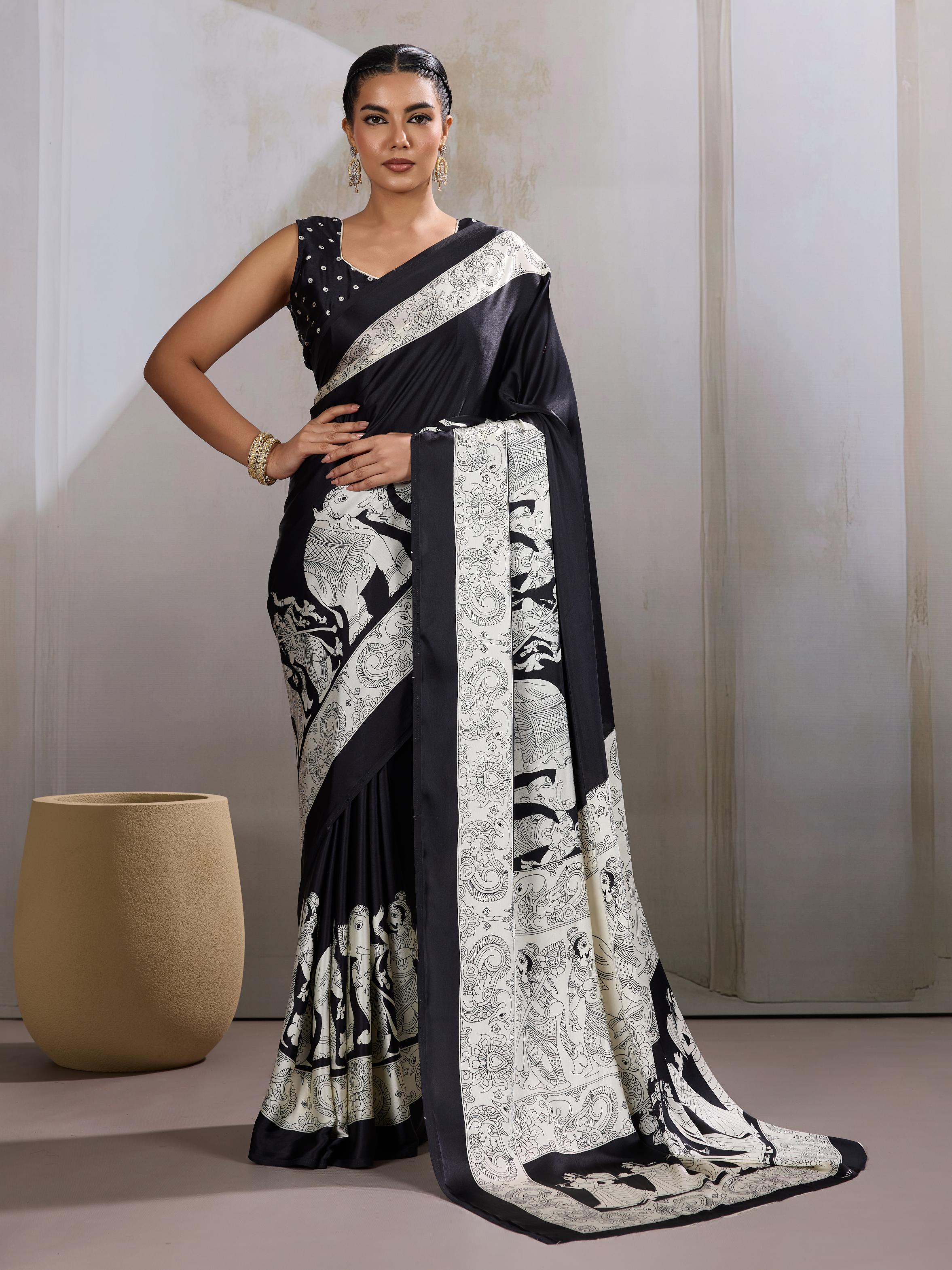 Galaxy Black Ajrakh Printed Satin Crepe Silk Saree
