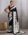 Galaxy Black Ajrakh Printed Satin Crepe Silk Saree