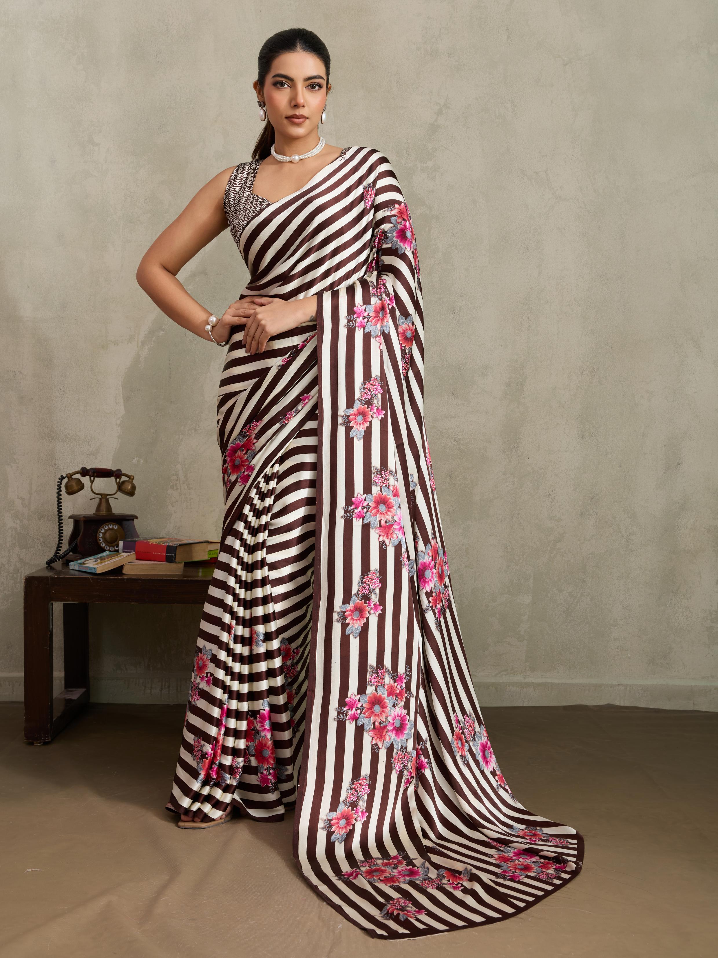 Quincy Brown Ajrakh Printed Satin Crepe Soft Silk Saree With Blouse