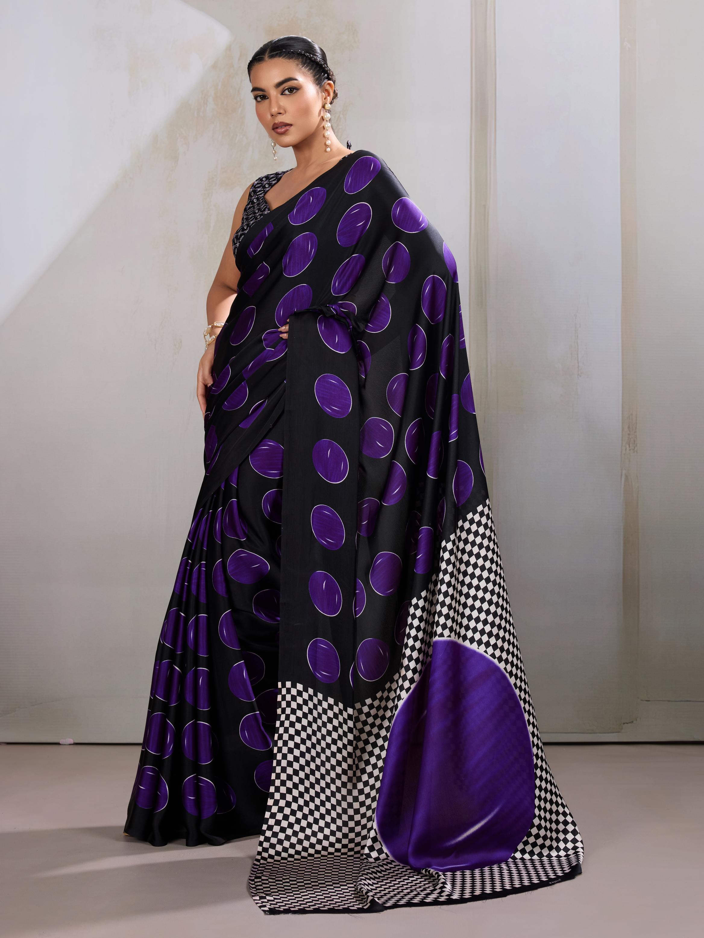 Boston Purple Ajrakh Printed Satin Crepe Silk Saree
