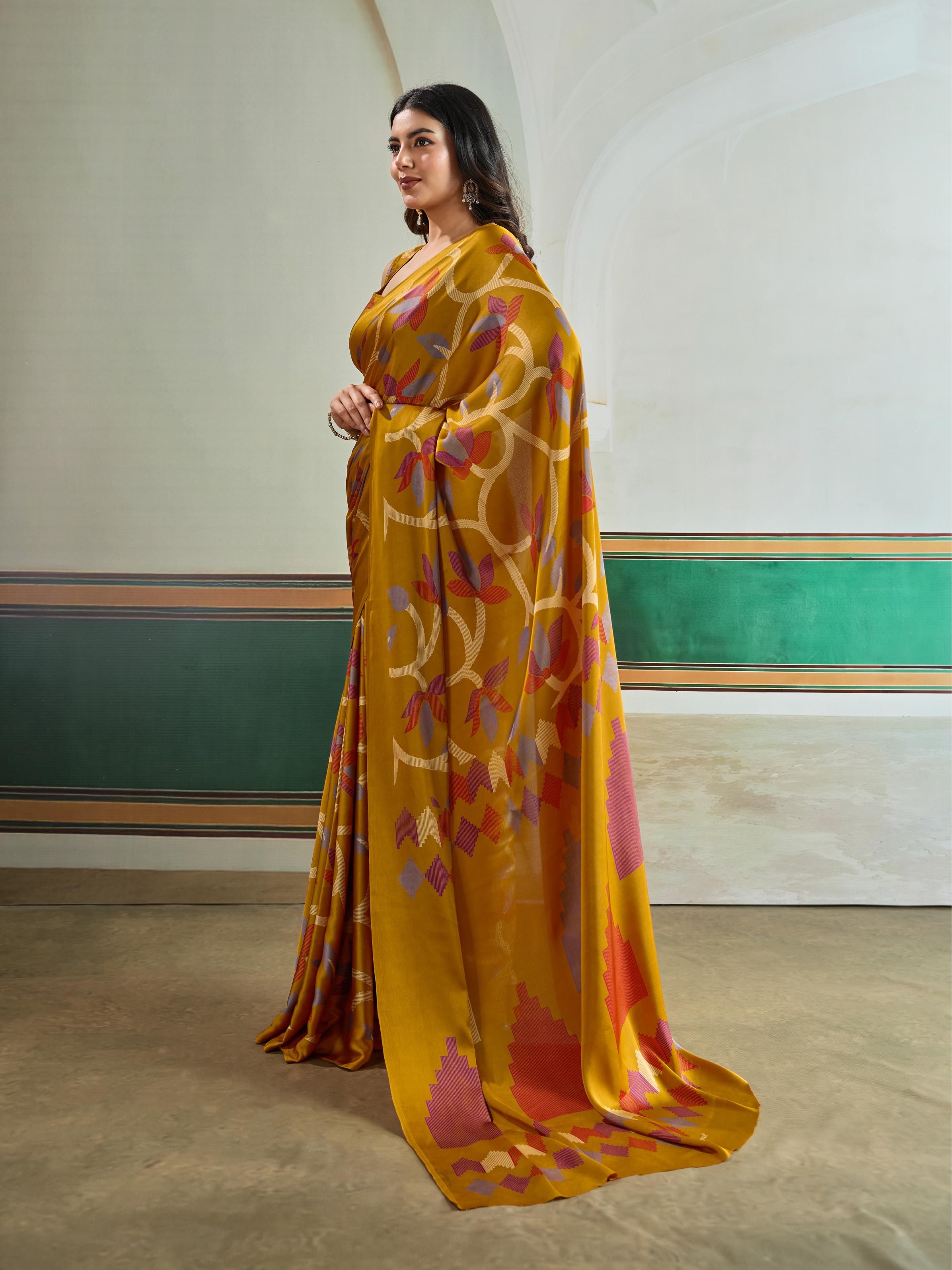 Citrine Yellow Modal Ajrakh Printed Satin Silk Saree