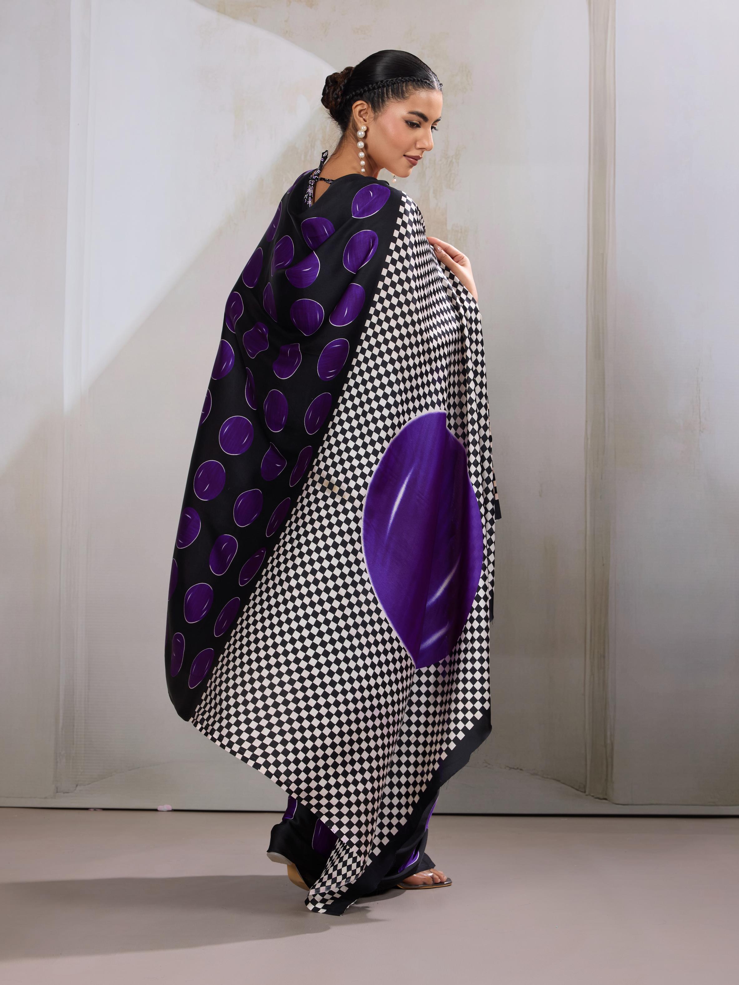 Boston Purple Ajrakh Printed Satin Crepe Silk Saree