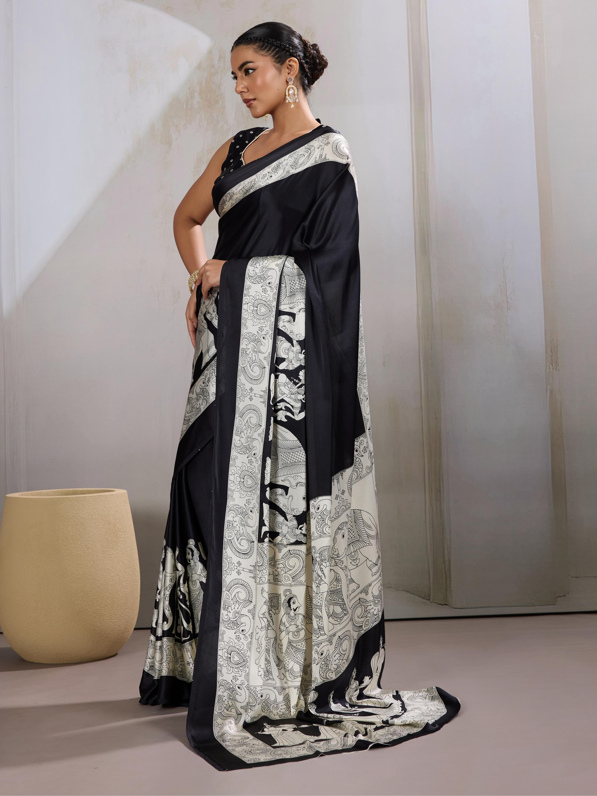 Galaxy Black Ajrakh Printed Satin Crepe Silk Saree