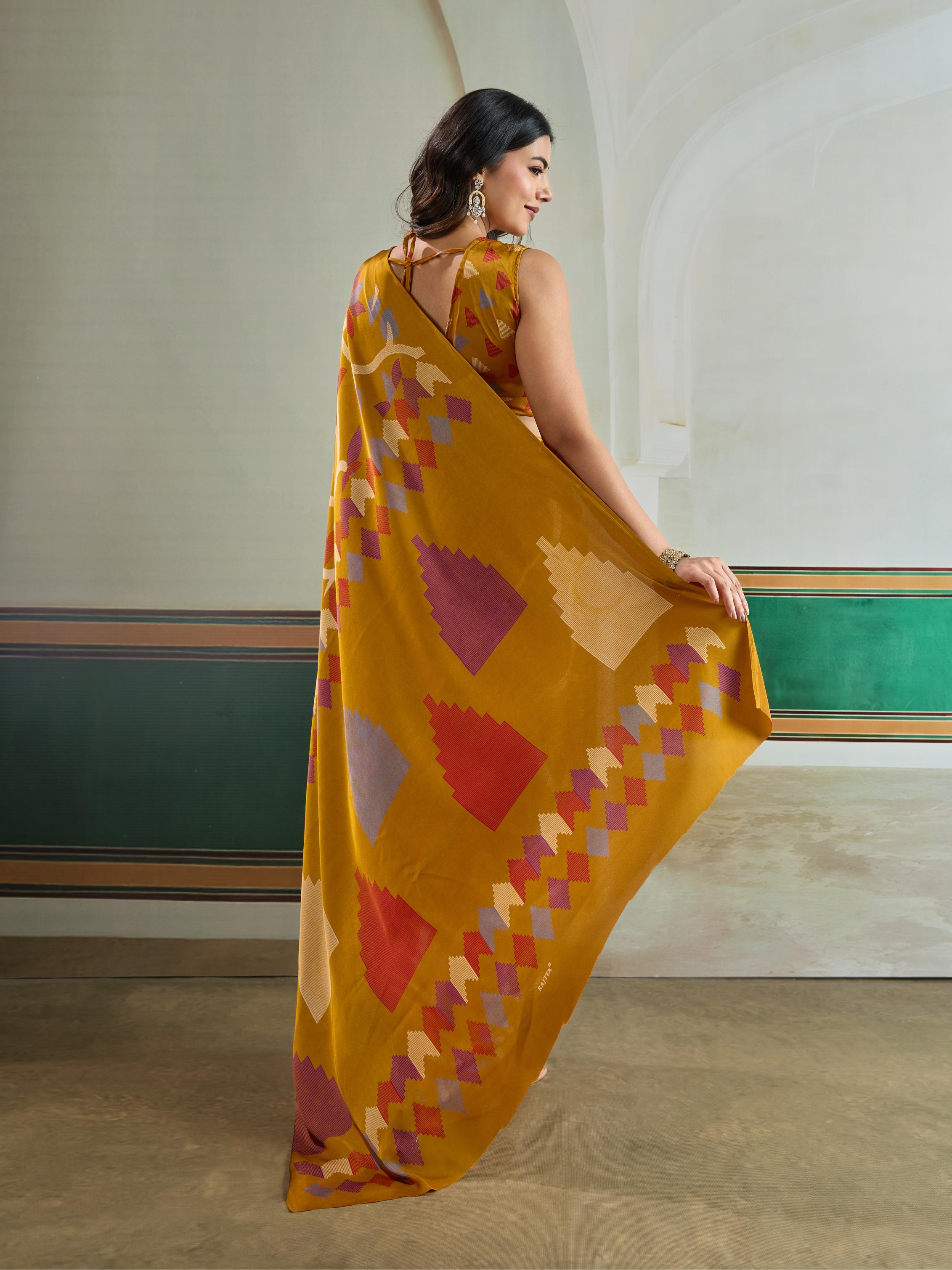Citrine Yellow Modal Ajrakh Printed Satin Silk Saree