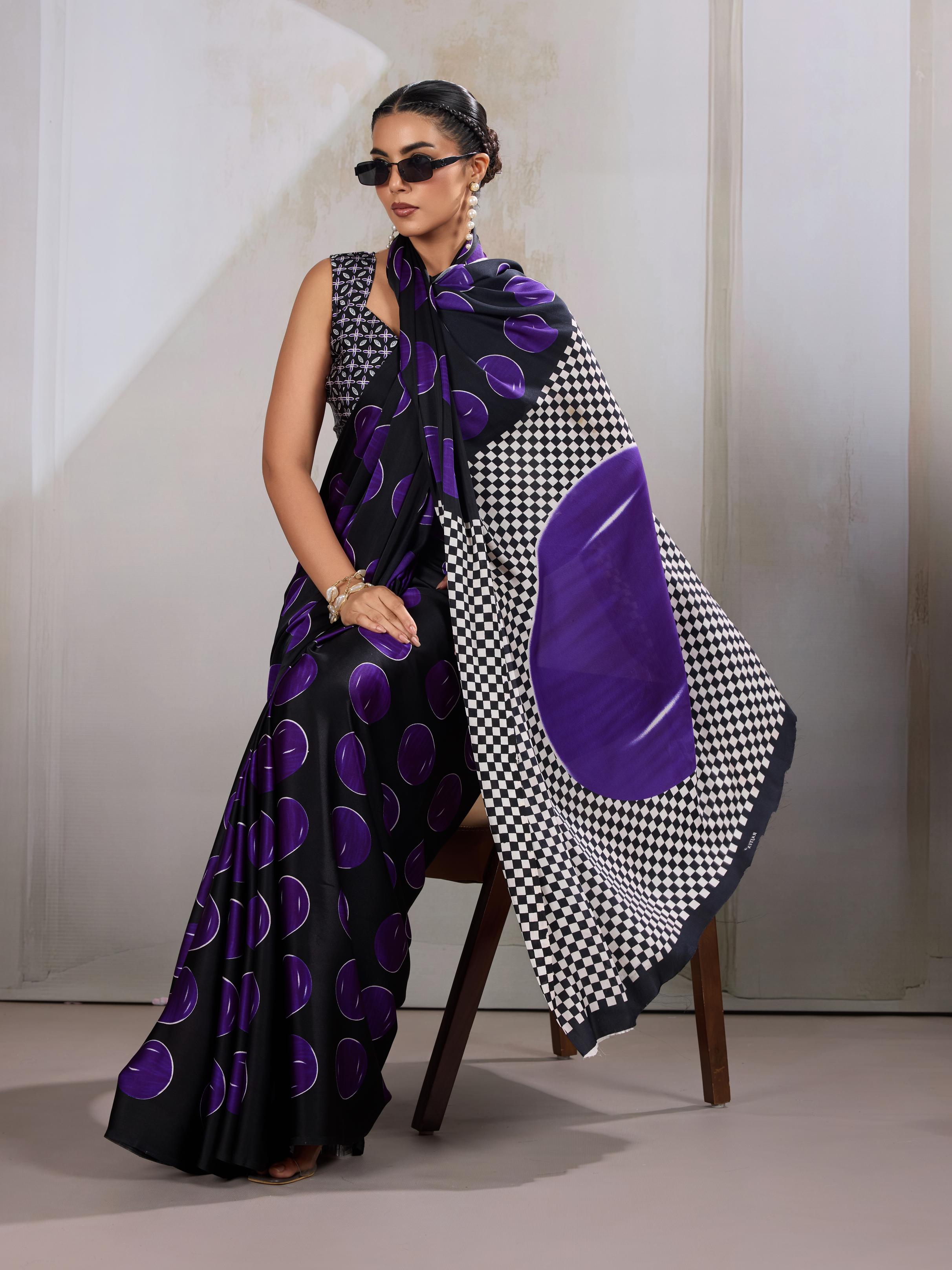Boston Purple Ajrakh Printed Satin Crepe Silk Saree