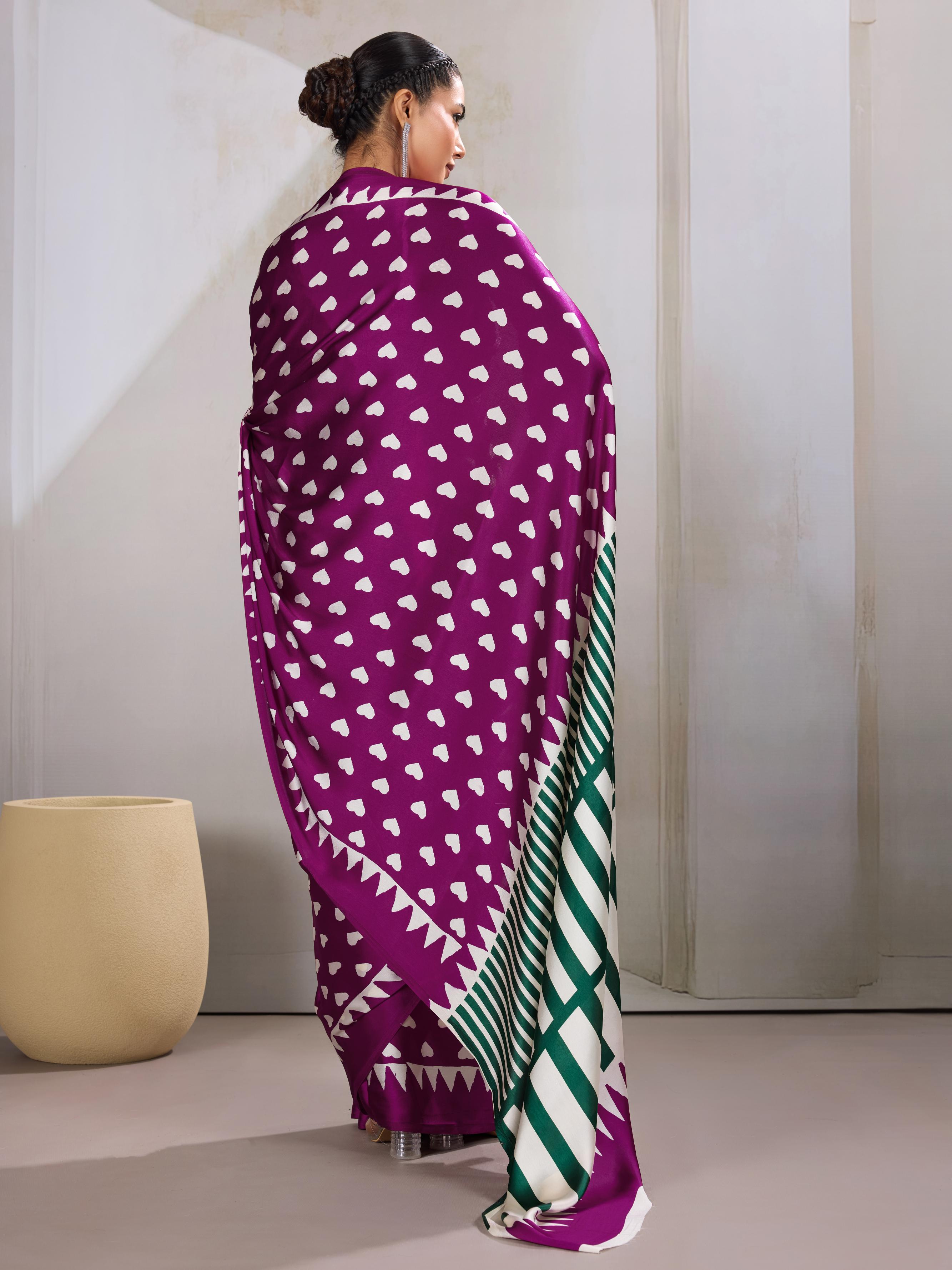 Amethyst Wine Ajrakh Printed Satin Crepe Silk Saree