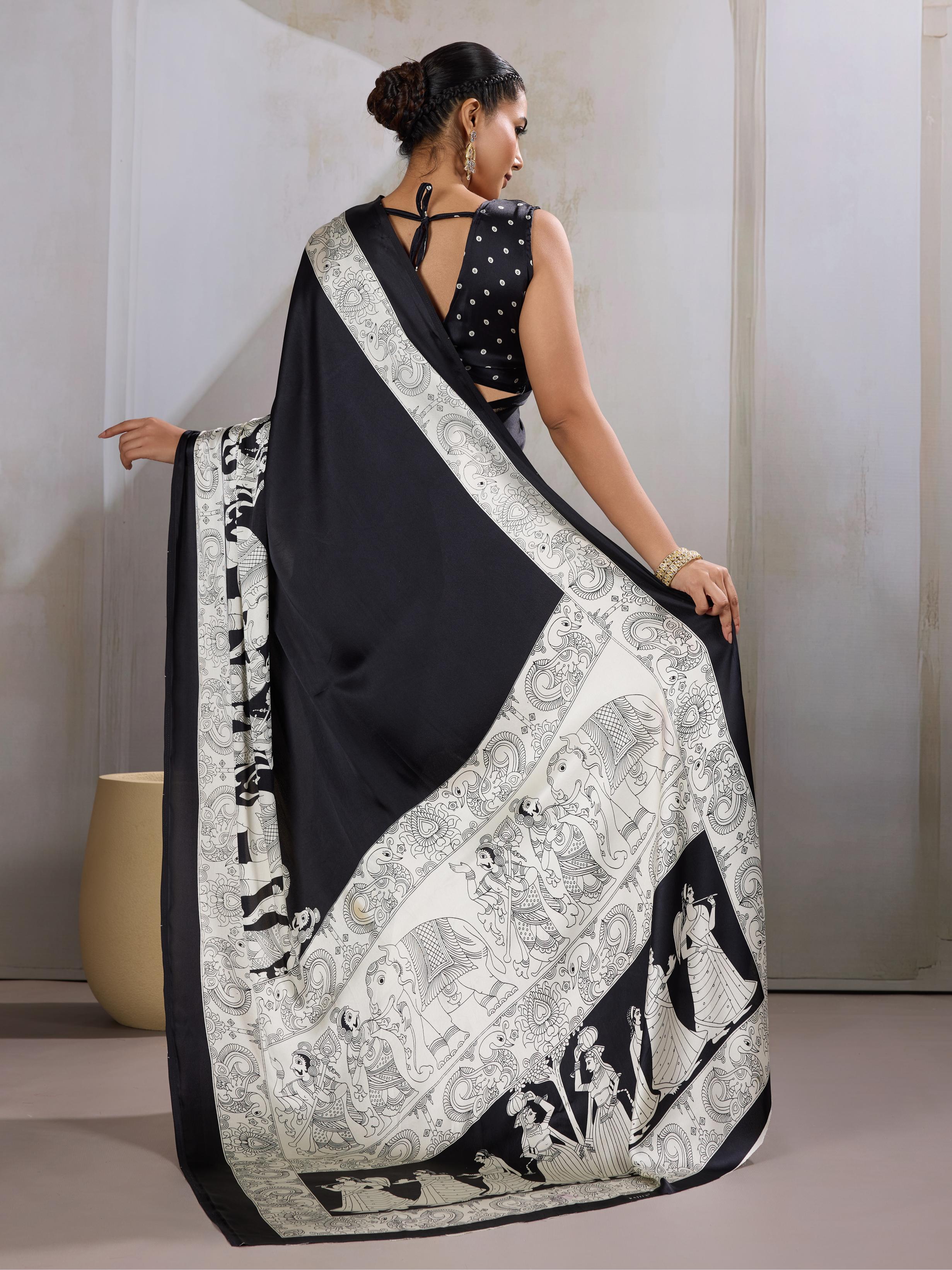 Galaxy Black Ajrakh Printed Satin Crepe Silk Saree