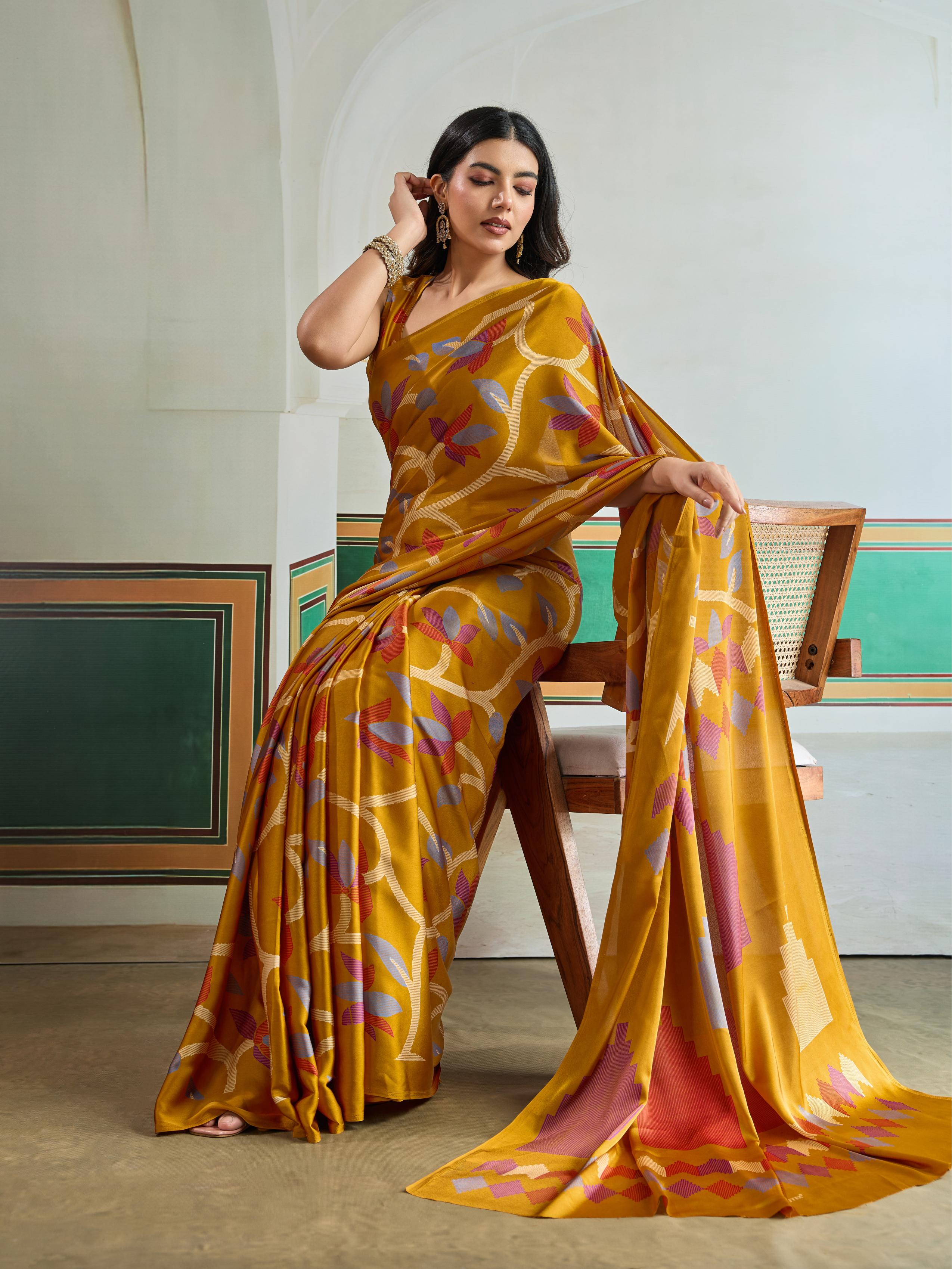 Citrine Yellow Modal Ajrakh Printed Satin Silk Saree