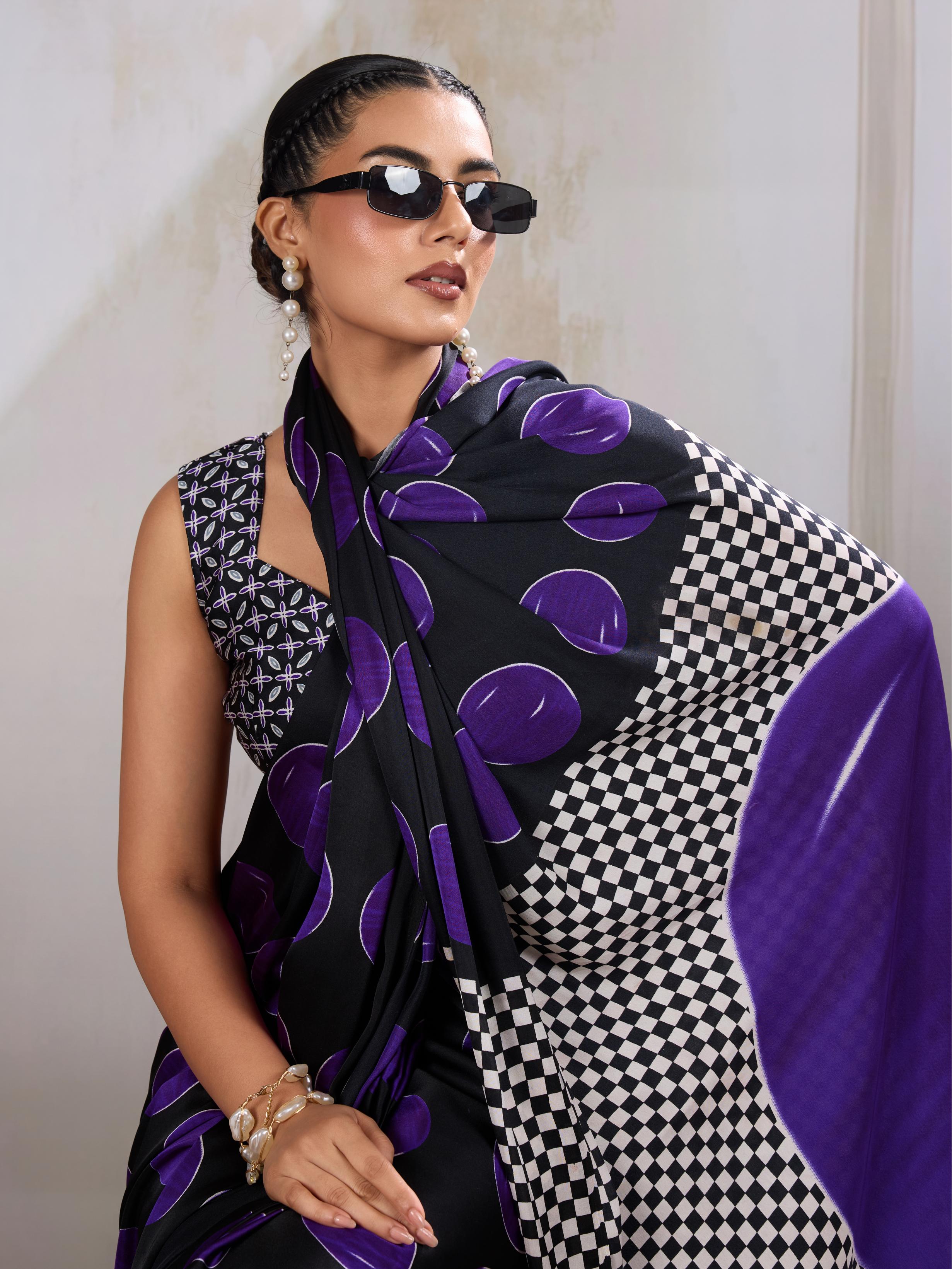 Boston Purple Ajrakh Printed Satin Crepe Silk Saree