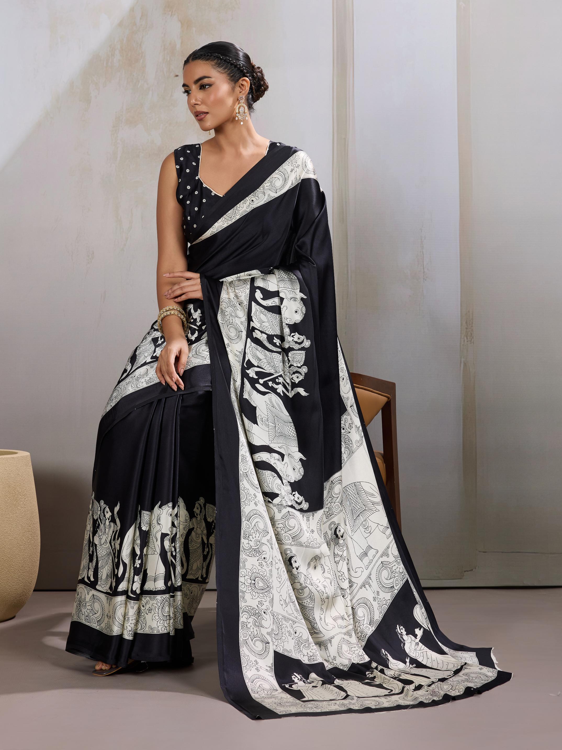 Galaxy Black Ajrakh Printed Satin Crepe Silk Saree