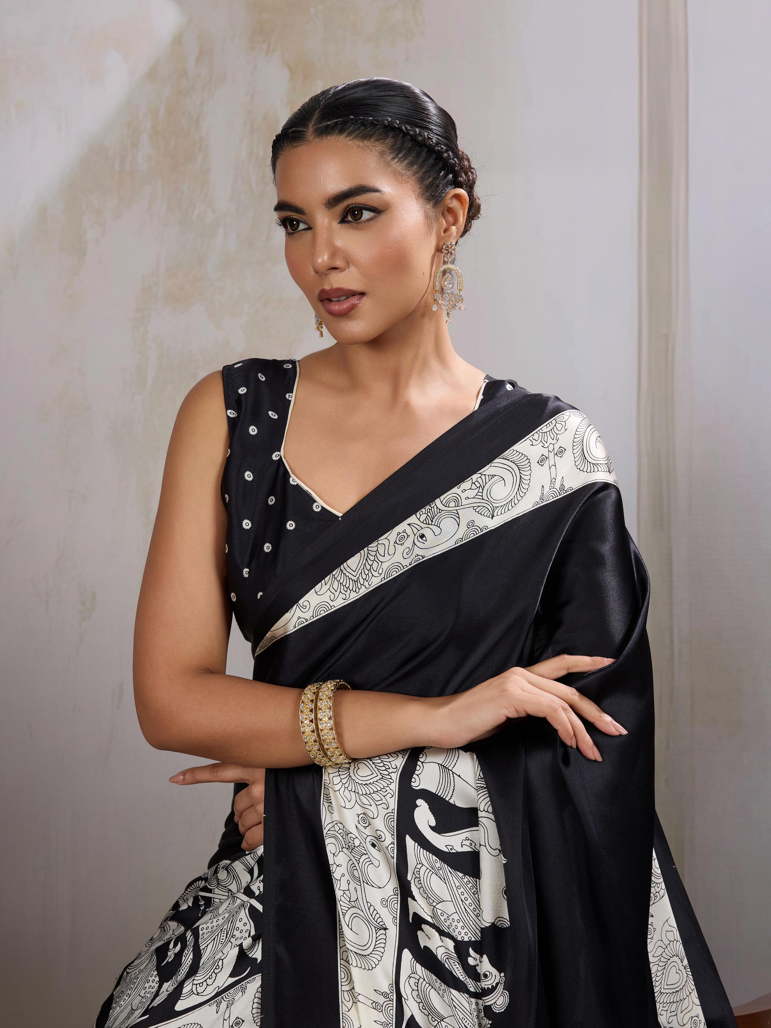 Galaxy Black Ajrakh Printed Satin Crepe Silk Saree
