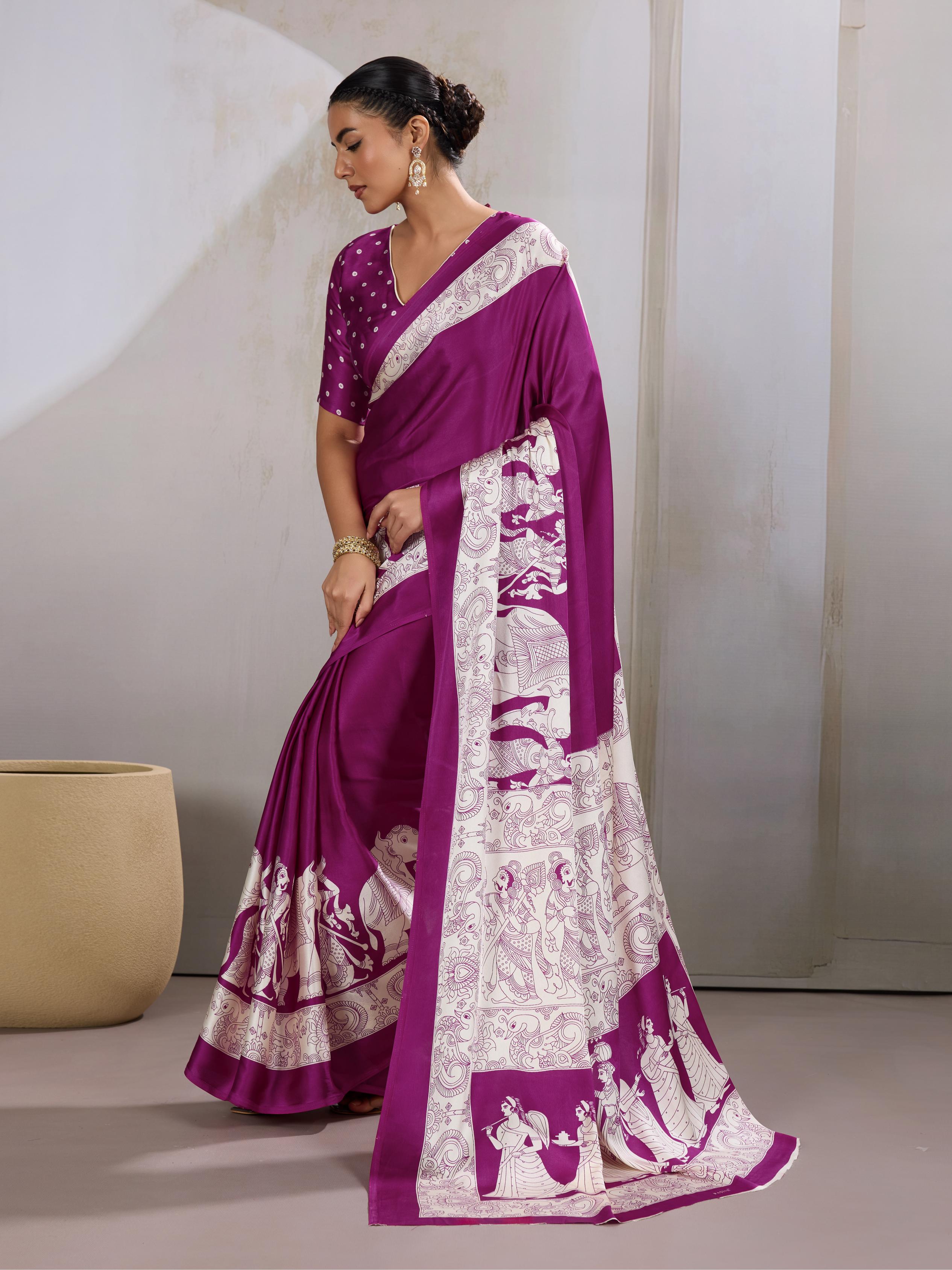 Periwinkle Purple  Ajrakh Printed Satin Crepe Silk Saree