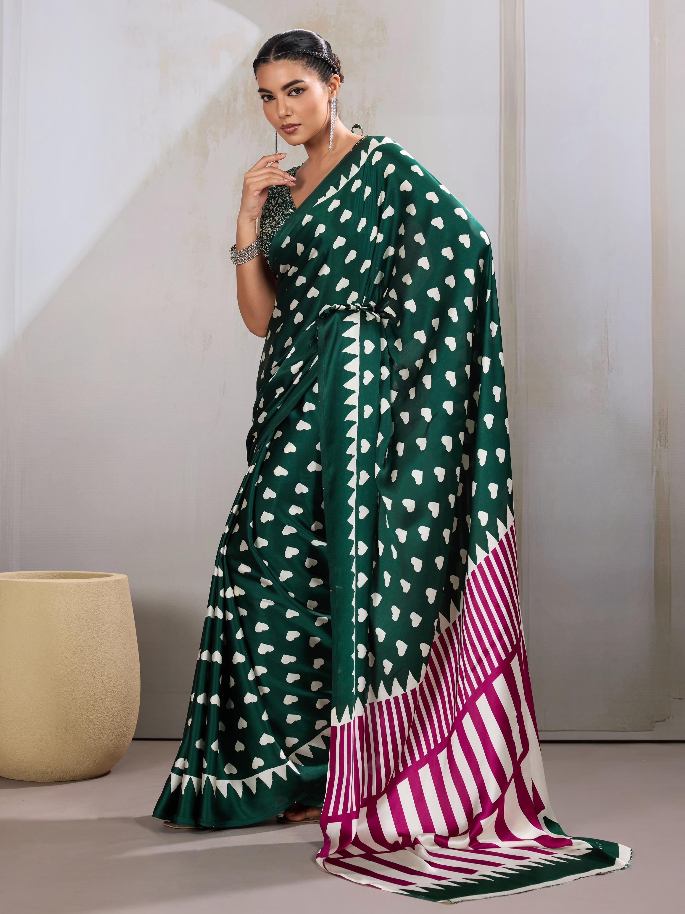 Basil Green Ajrakh Printed Satin Crepe Silk Saree