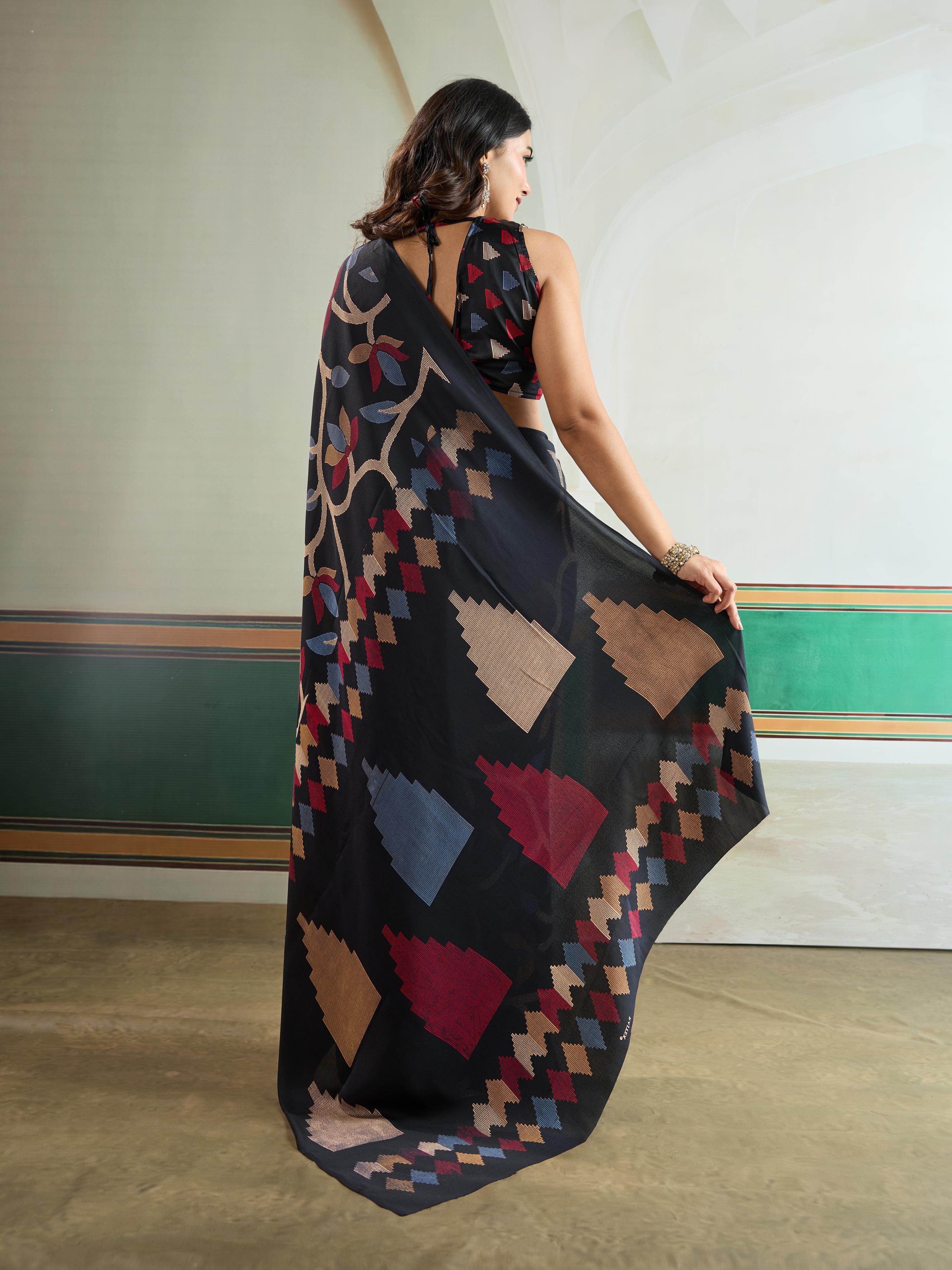 Coal Black Modal Ajrakh Printed Satin Silk Saree