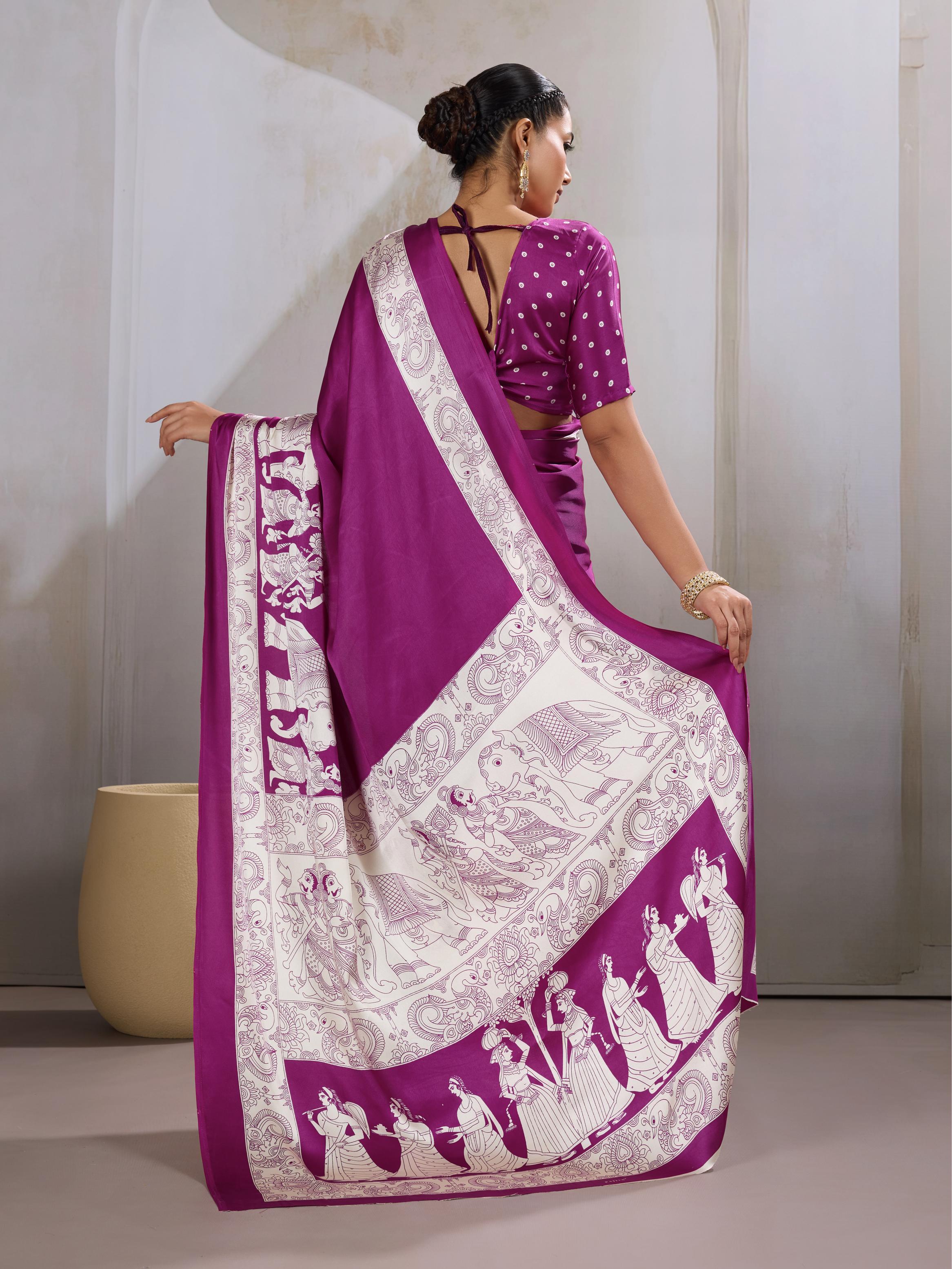 Periwinkle Purple  Ajrakh Printed Satin Crepe Silk Saree