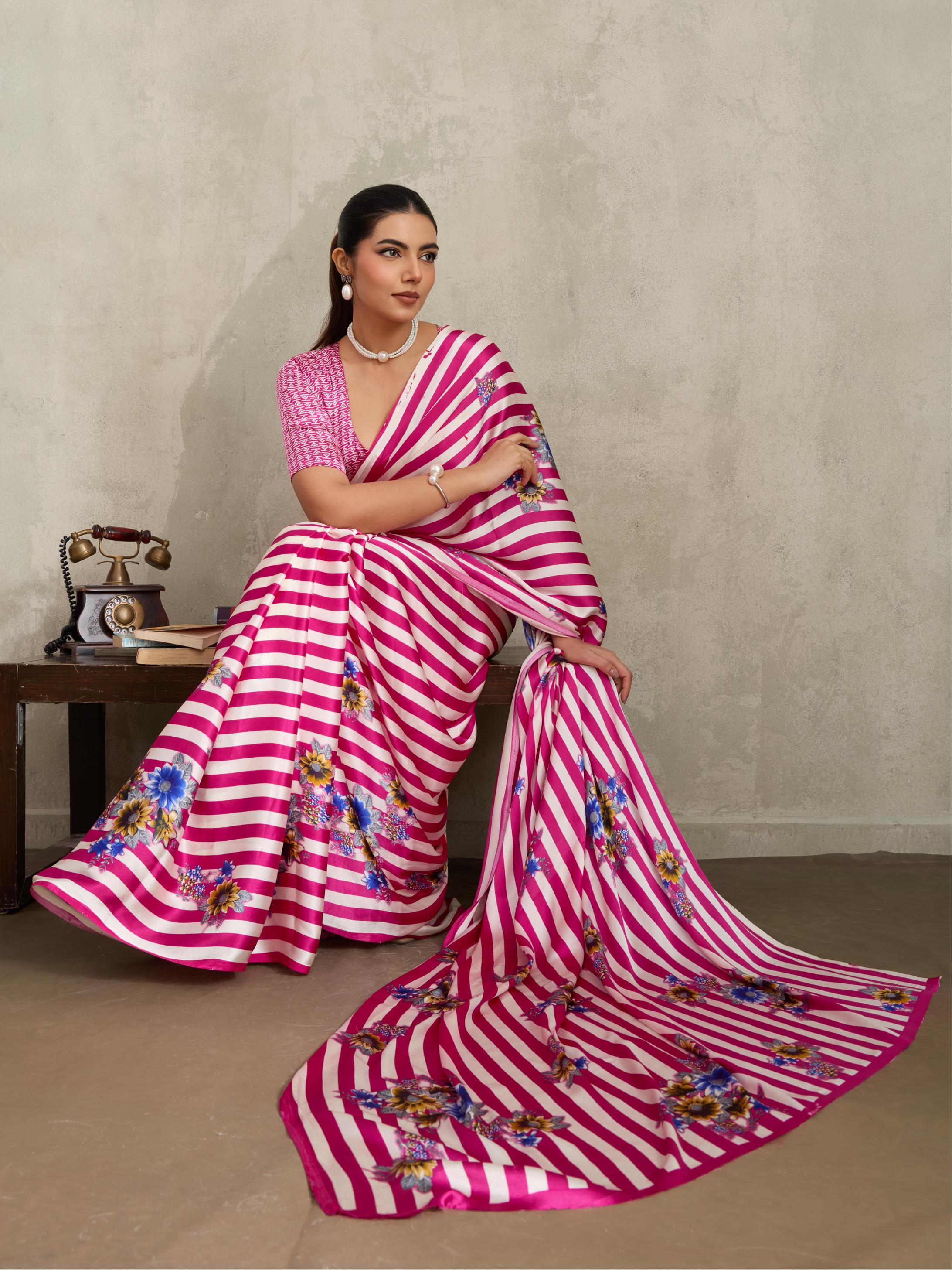 Neon Pink Ajrakh Printed Satin Crepe Soft Silk Saree With Blouse