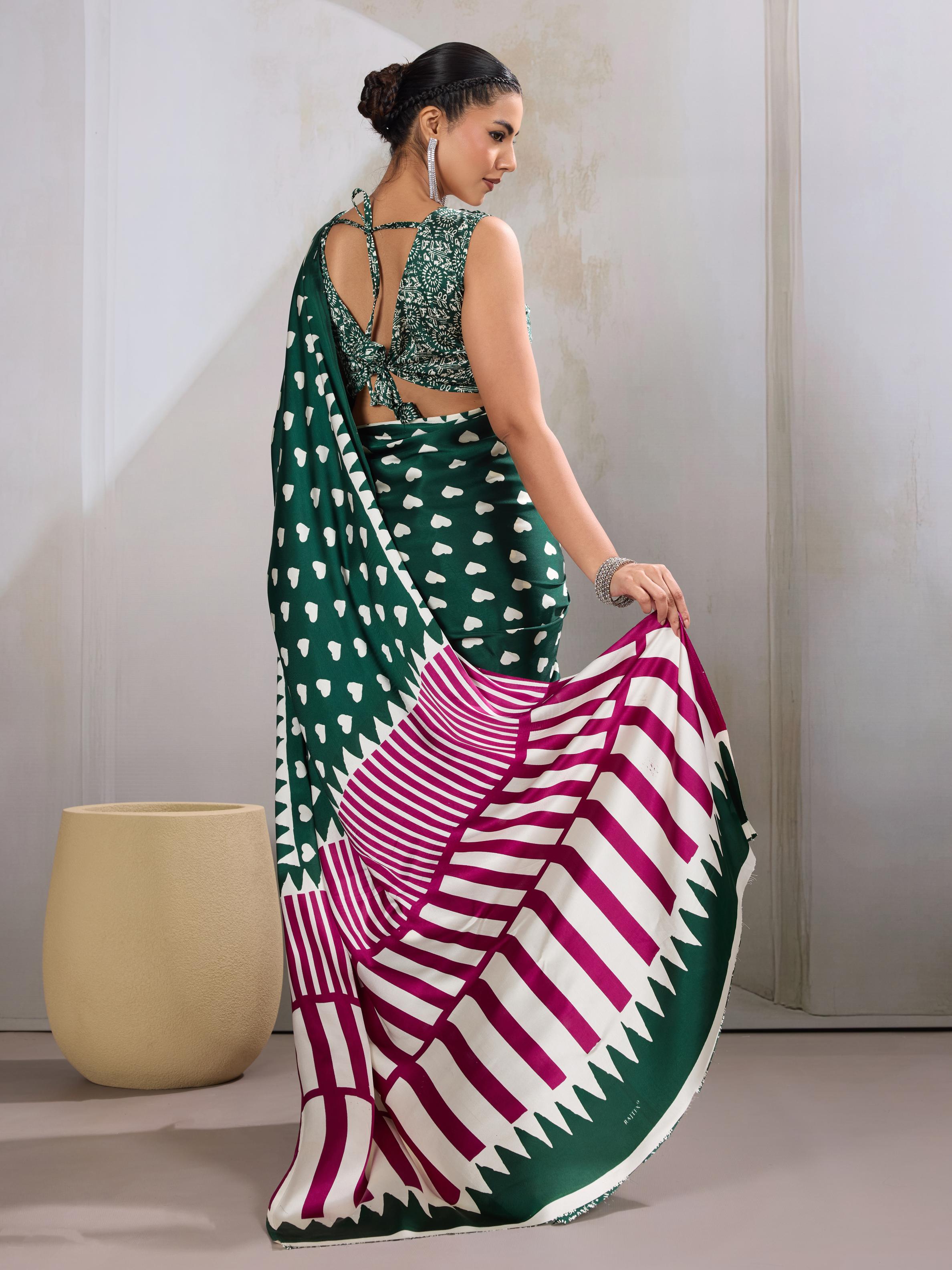 Basil Green Ajrakh Printed Satin Crepe Silk Saree