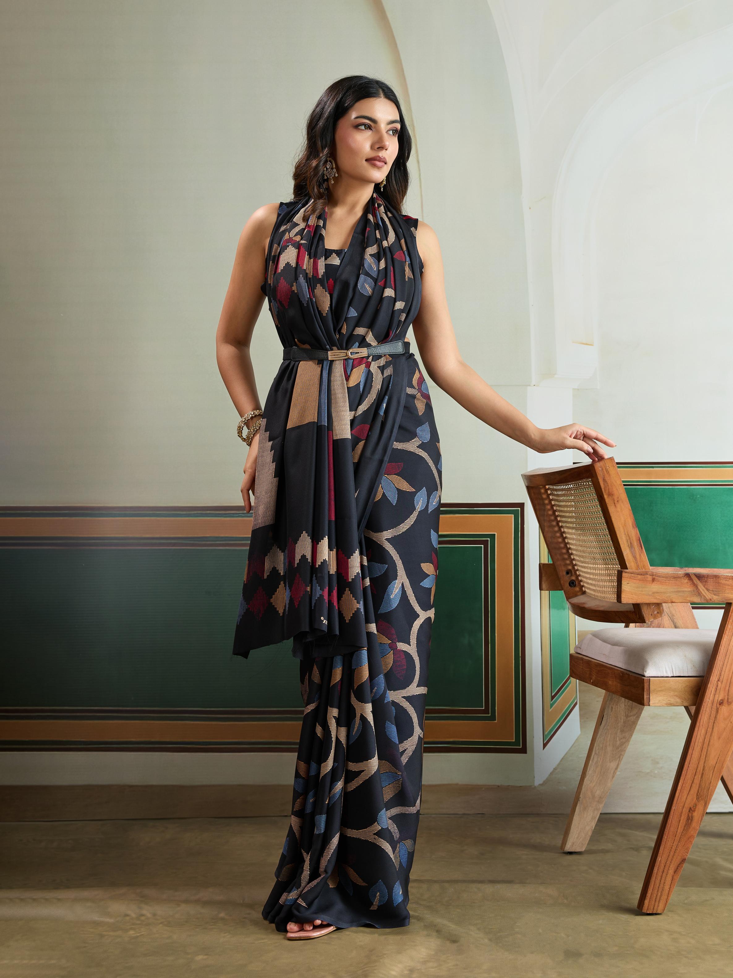 Coal Black Modal Ajrakh Printed Satin Silk Saree