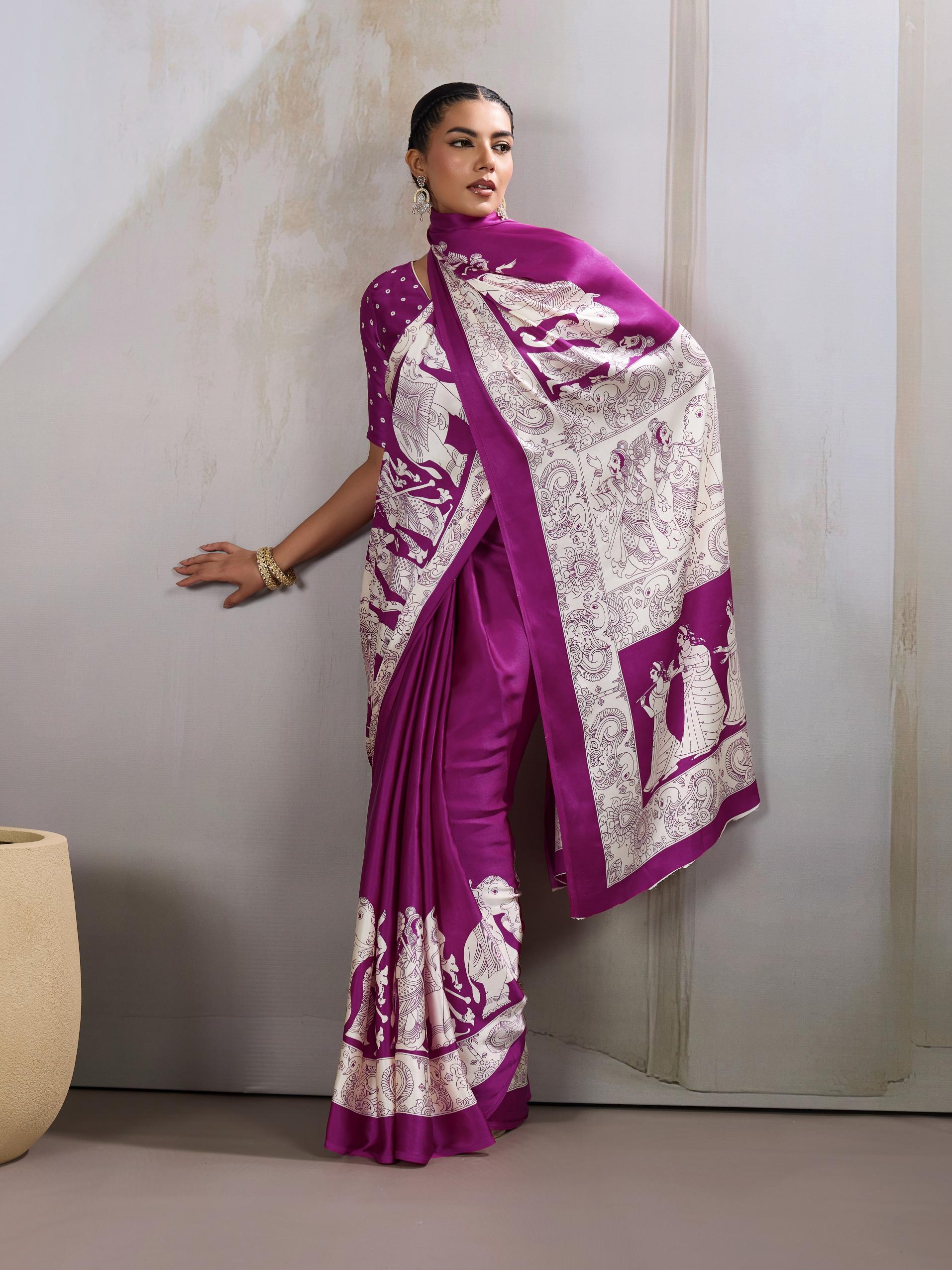 Periwinkle Purple  Ajrakh Printed Satin Crepe Silk Saree