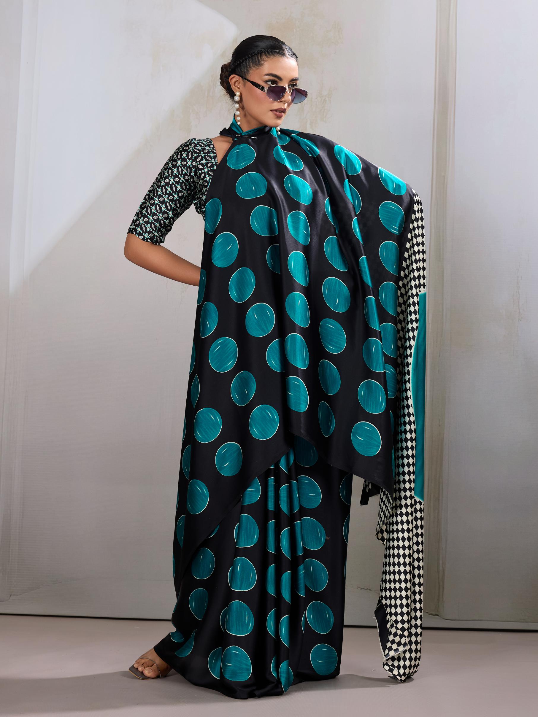 Paradiso Rama Ajrakh Printed Satin Crepe Silk Saree