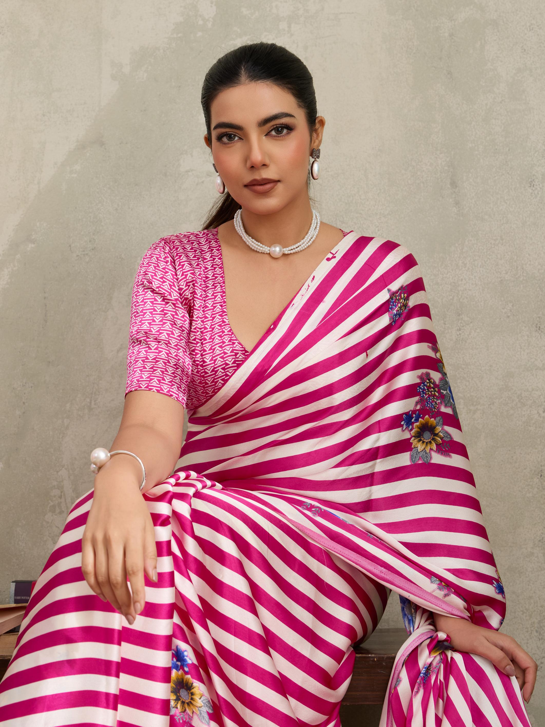 Neon Pink Ajrakh Printed Satin Crepe Soft Silk Saree With Blouse