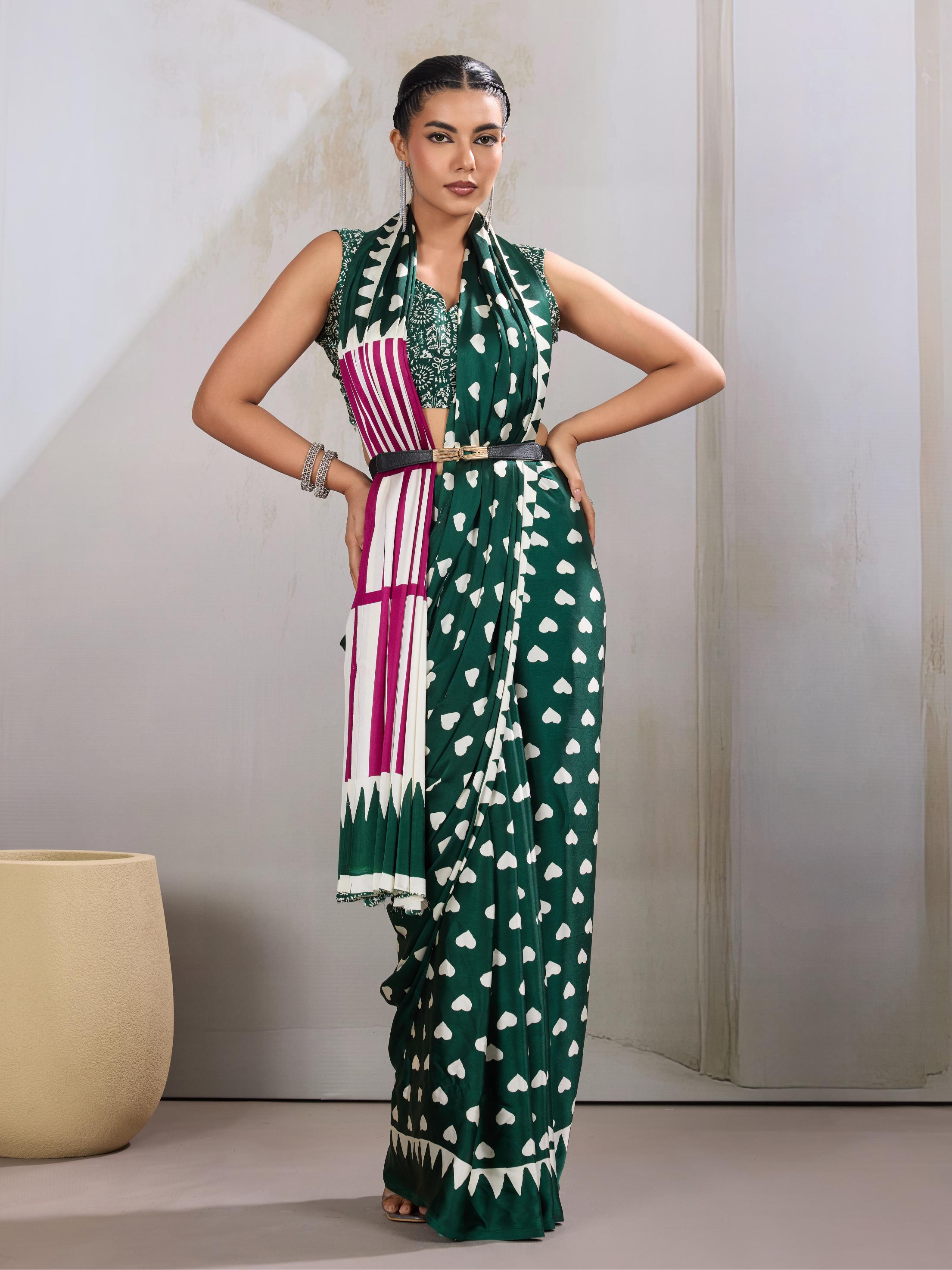 Basil Green Ajrakh Printed Satin Crepe Silk Saree
