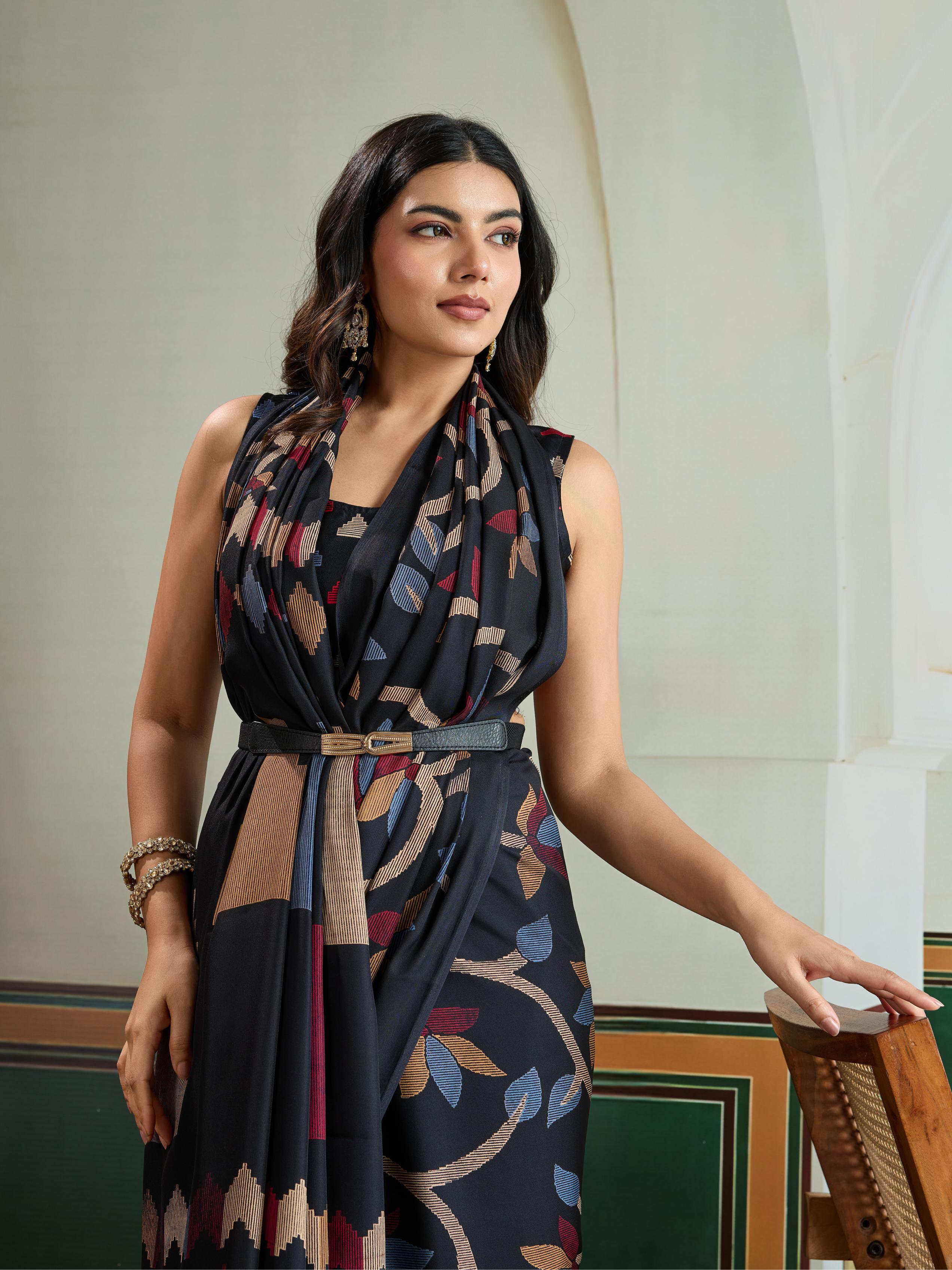 Coal Black Modal Ajrakh Printed Satin Silk Saree