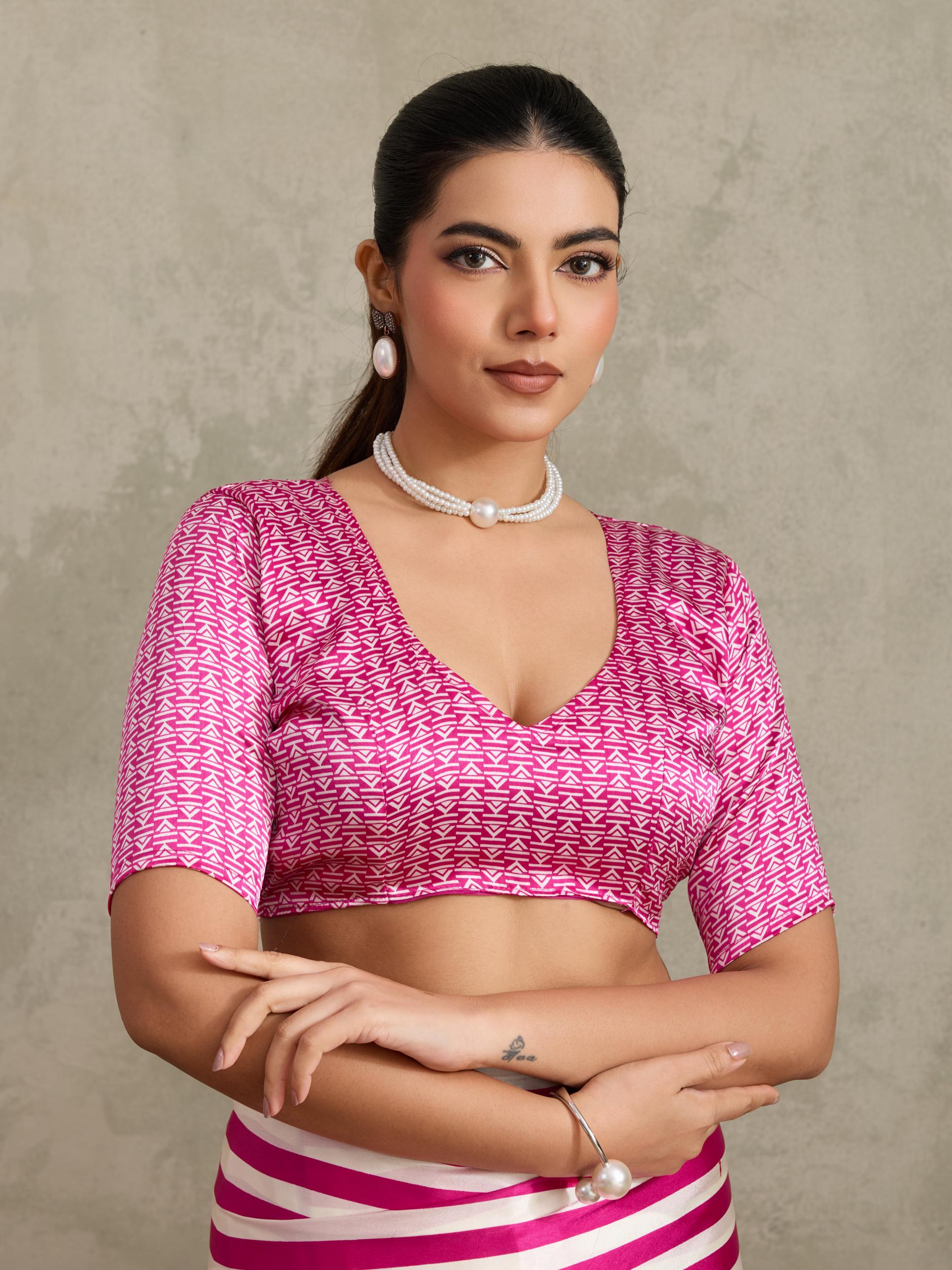 Neon Pink Ajrakh Printed Satin Crepe Soft Silk Saree With Blouse