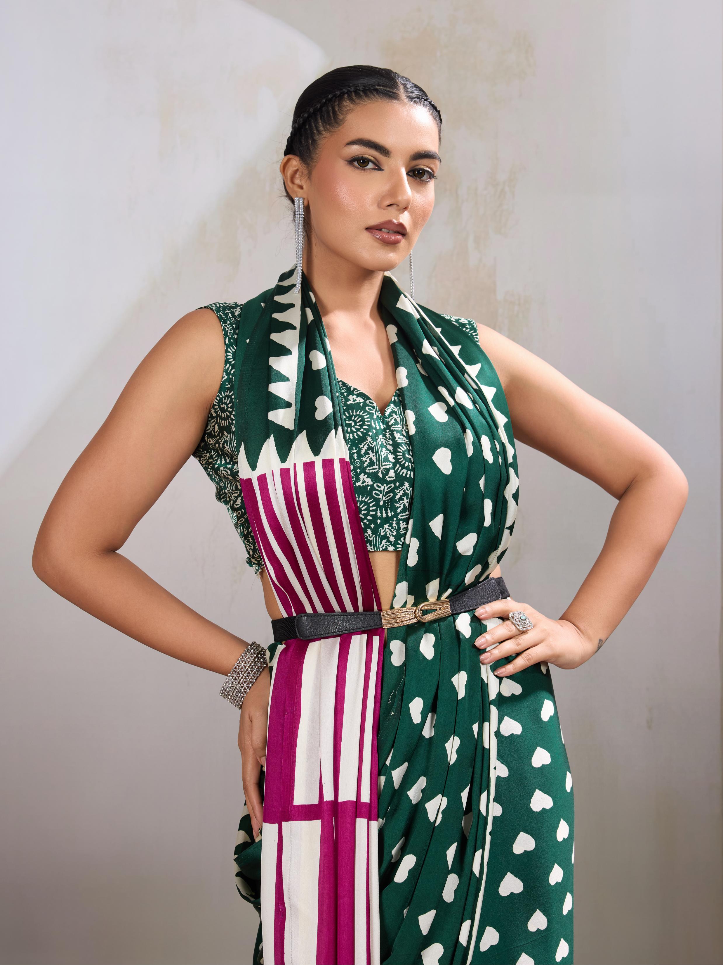 Basil Green Ajrakh Printed Satin Crepe Silk Saree