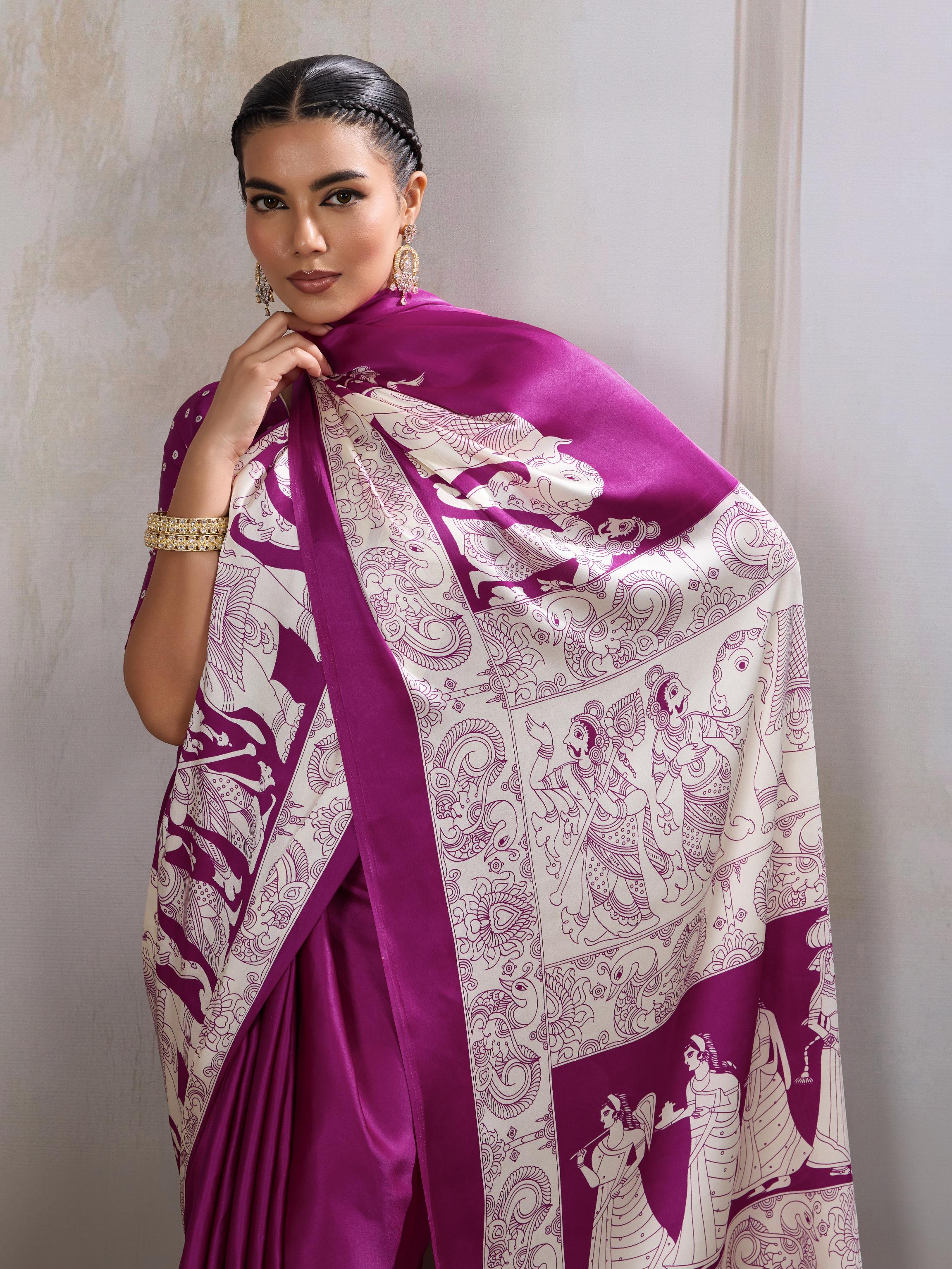 Periwinkle Purple  Ajrakh Printed Satin Crepe Silk Saree