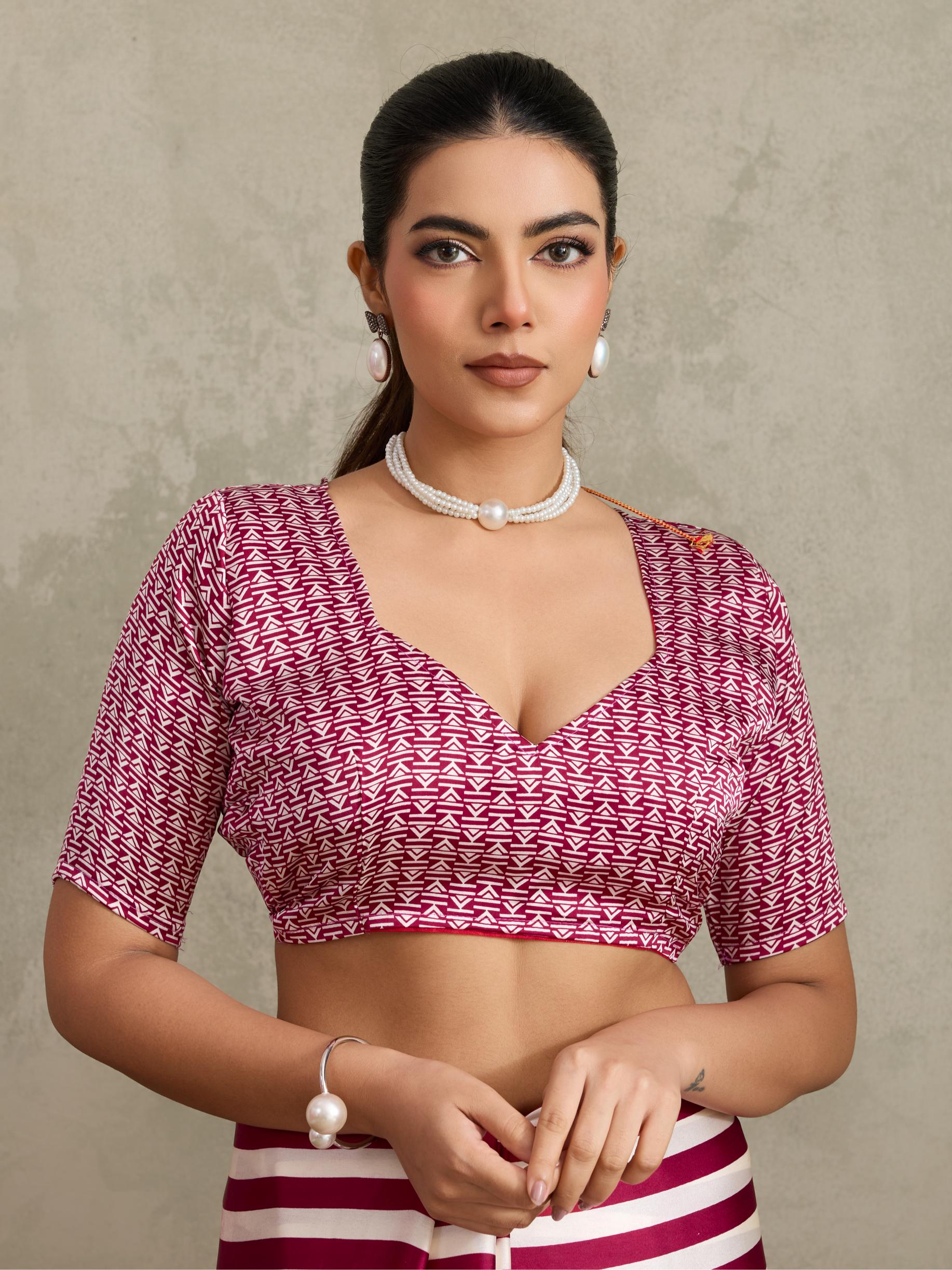 Jam Wine Ajrakh Printed Satin Crepe Soft Silk Saree With Blouse