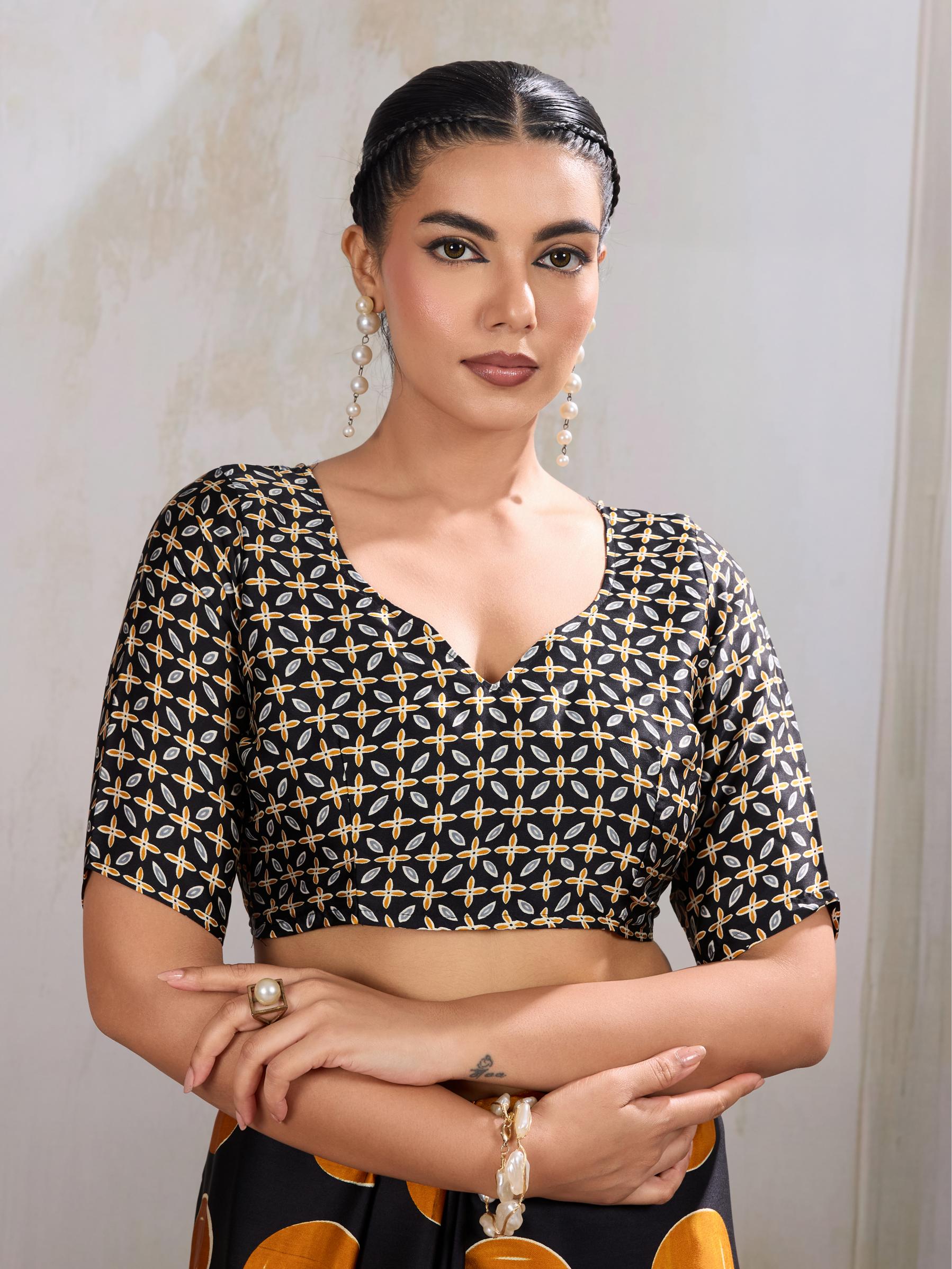 Royal Yellow Ajrakh Printed Satin Crepe Silk Saree