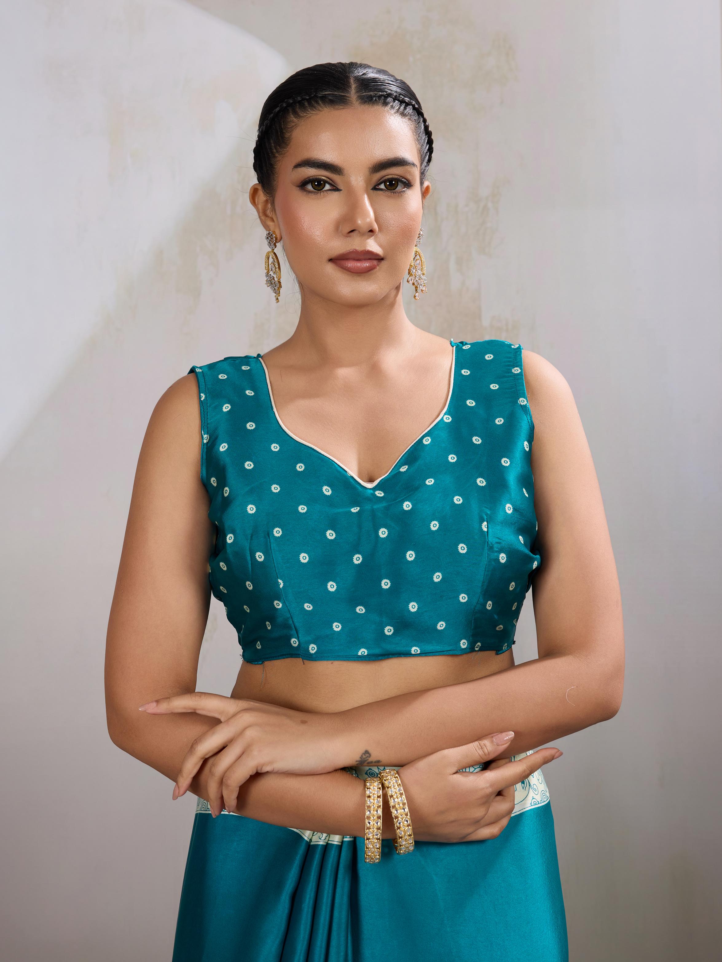 Arctic Rama Ajrakh Printed Satin Crepe Silk Saree