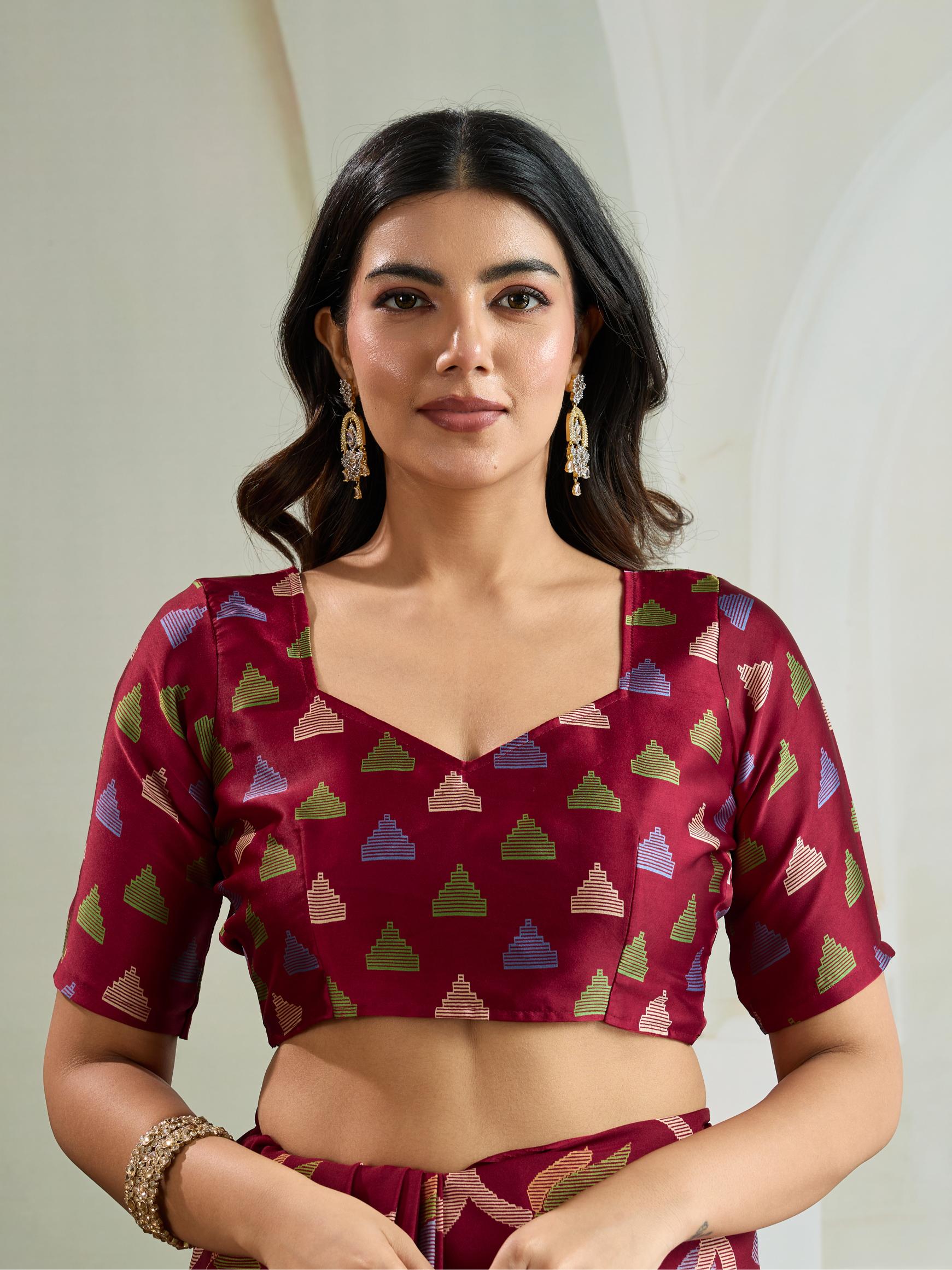Claret Maroon Modal Ajrakh Printed Satin Silk Saree
