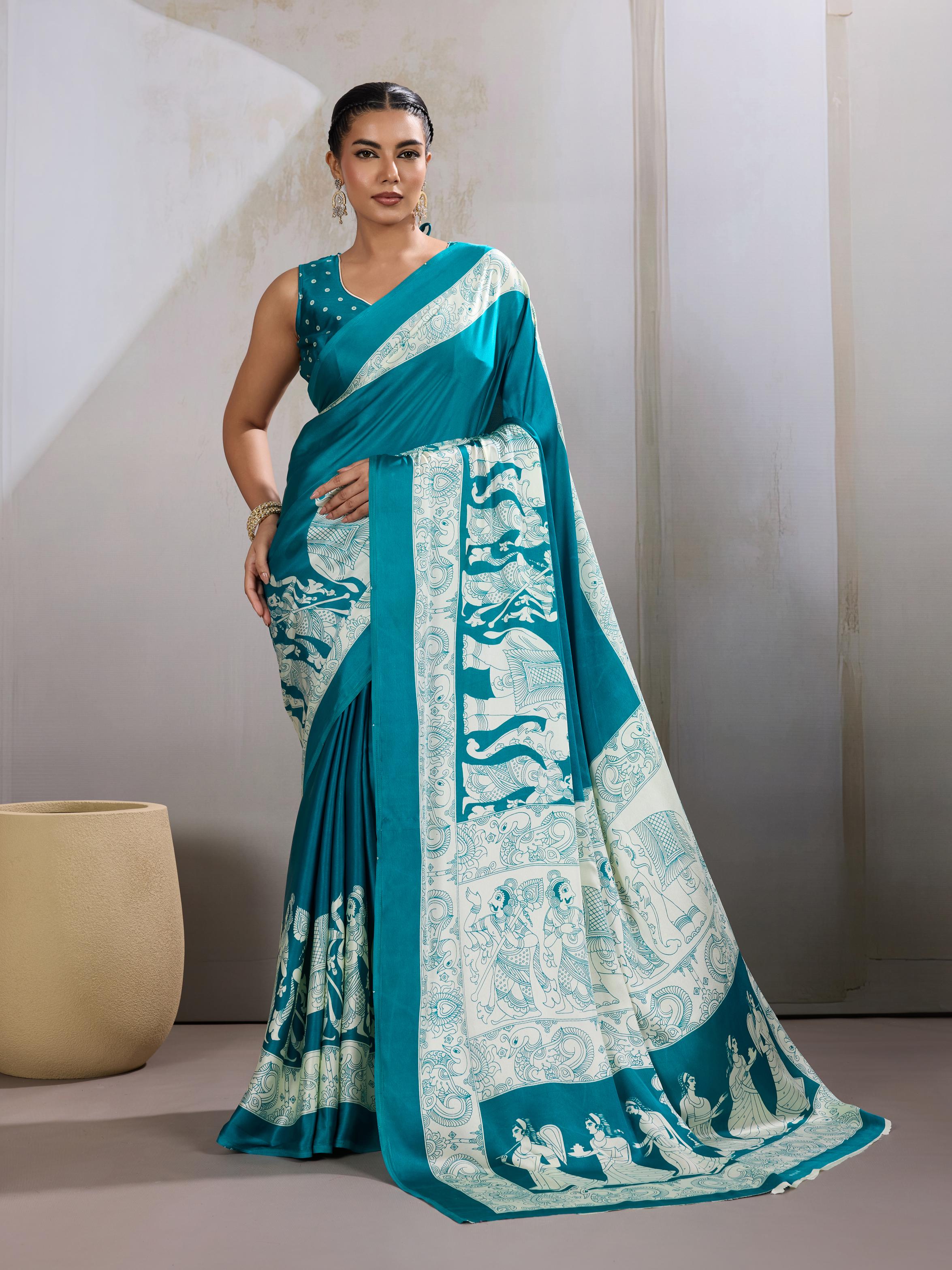 Arctic Rama Ajrakh Printed Satin Crepe Silk Saree