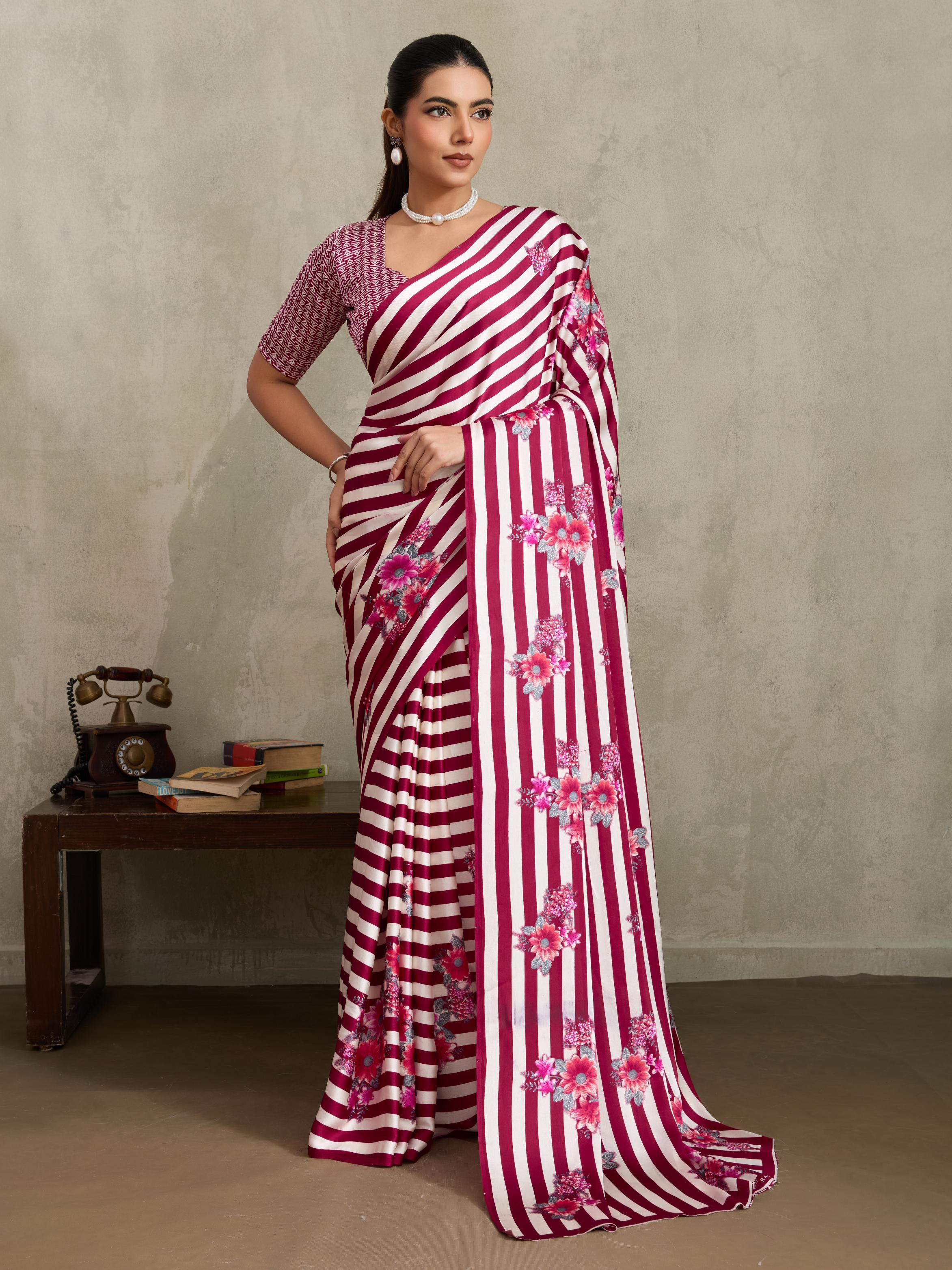 Jam Wine Ajrakh Printed Satin Crepe Soft Silk Saree With Blouse