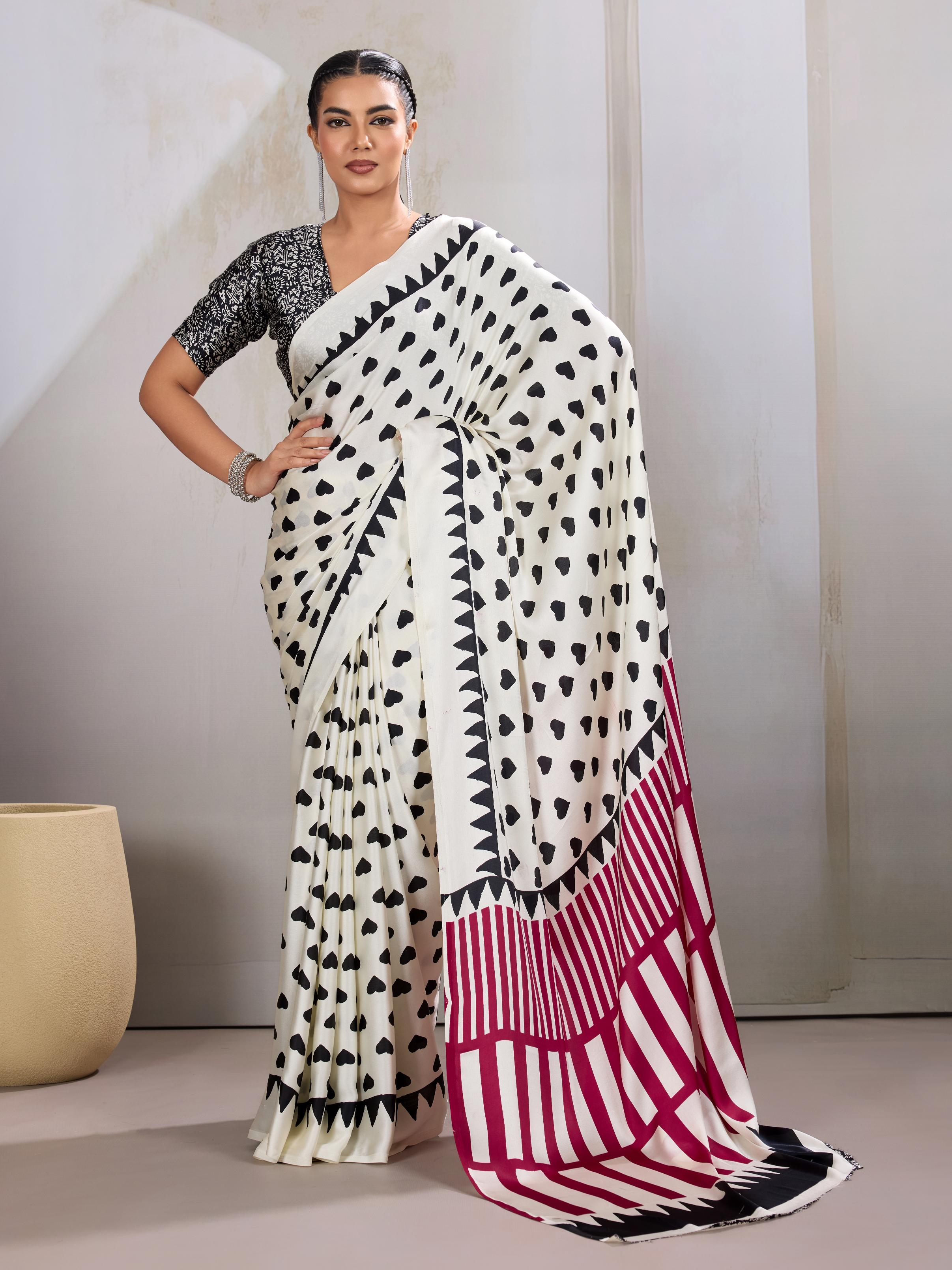 Powder White Ajrakh Printed Satin Crepe Silk Saree