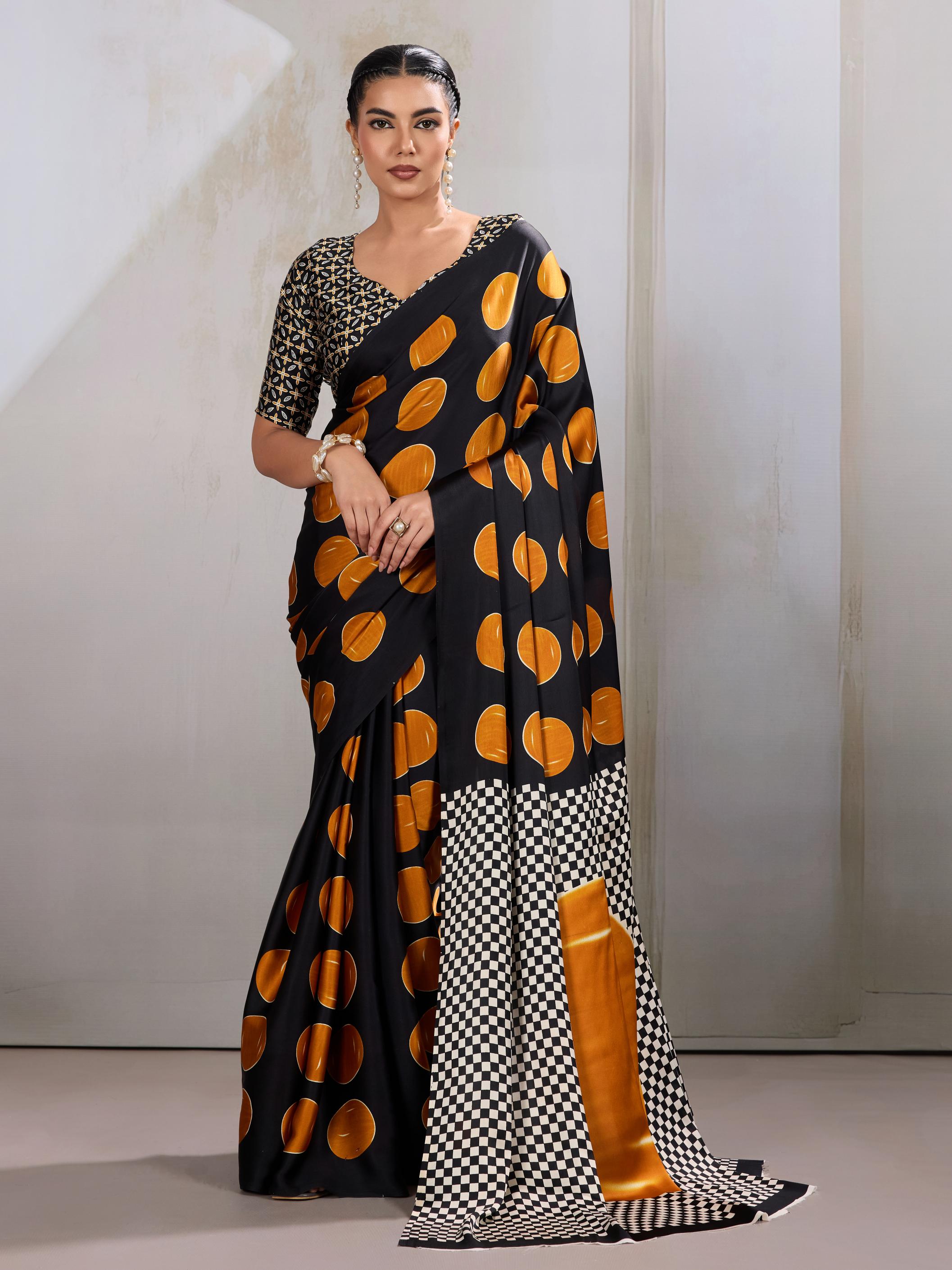 Royal Yellow Ajrakh Printed Satin Crepe Silk Saree