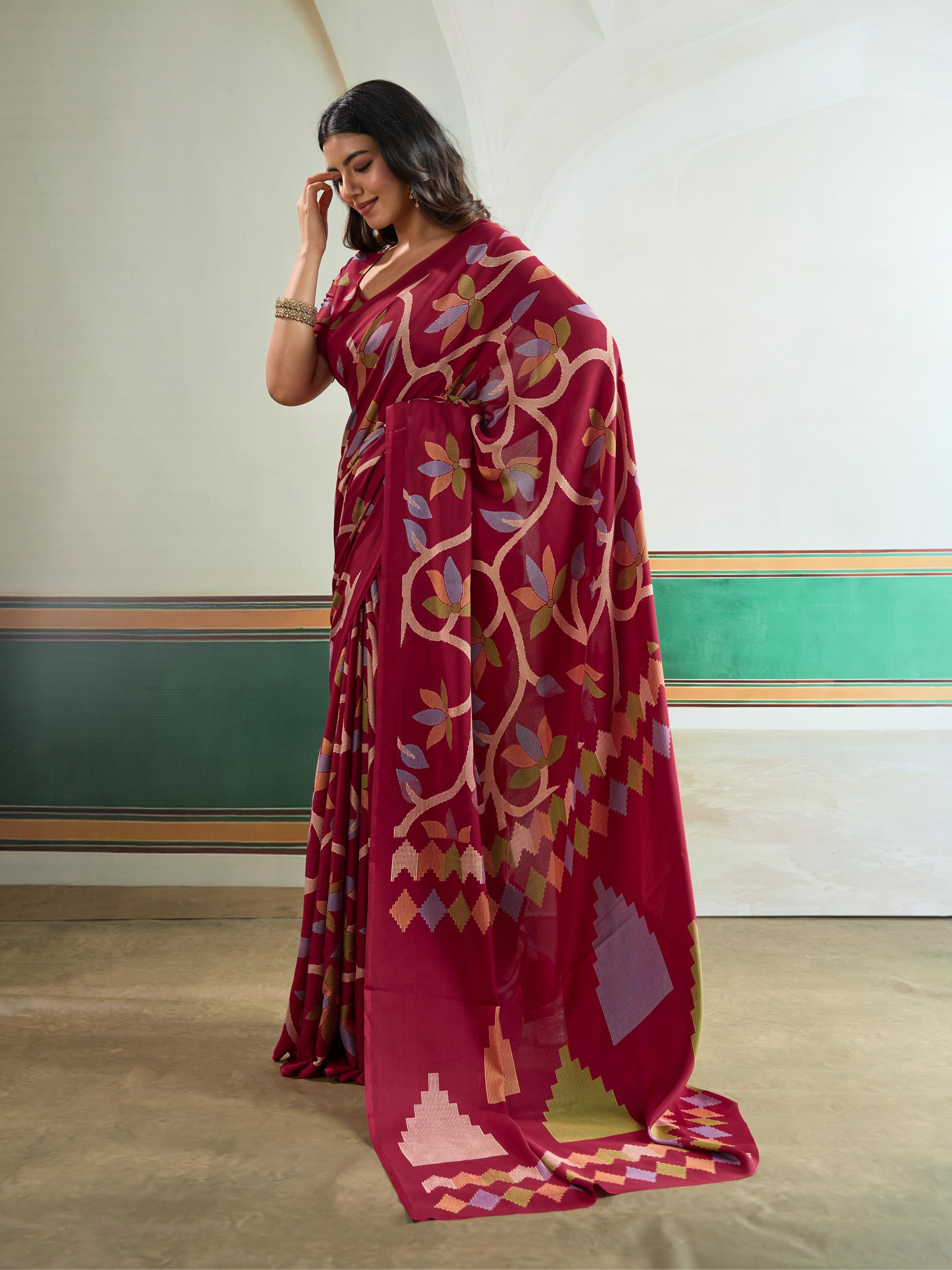 Claret Maroon Modal Ajrakh Printed Satin Silk Saree