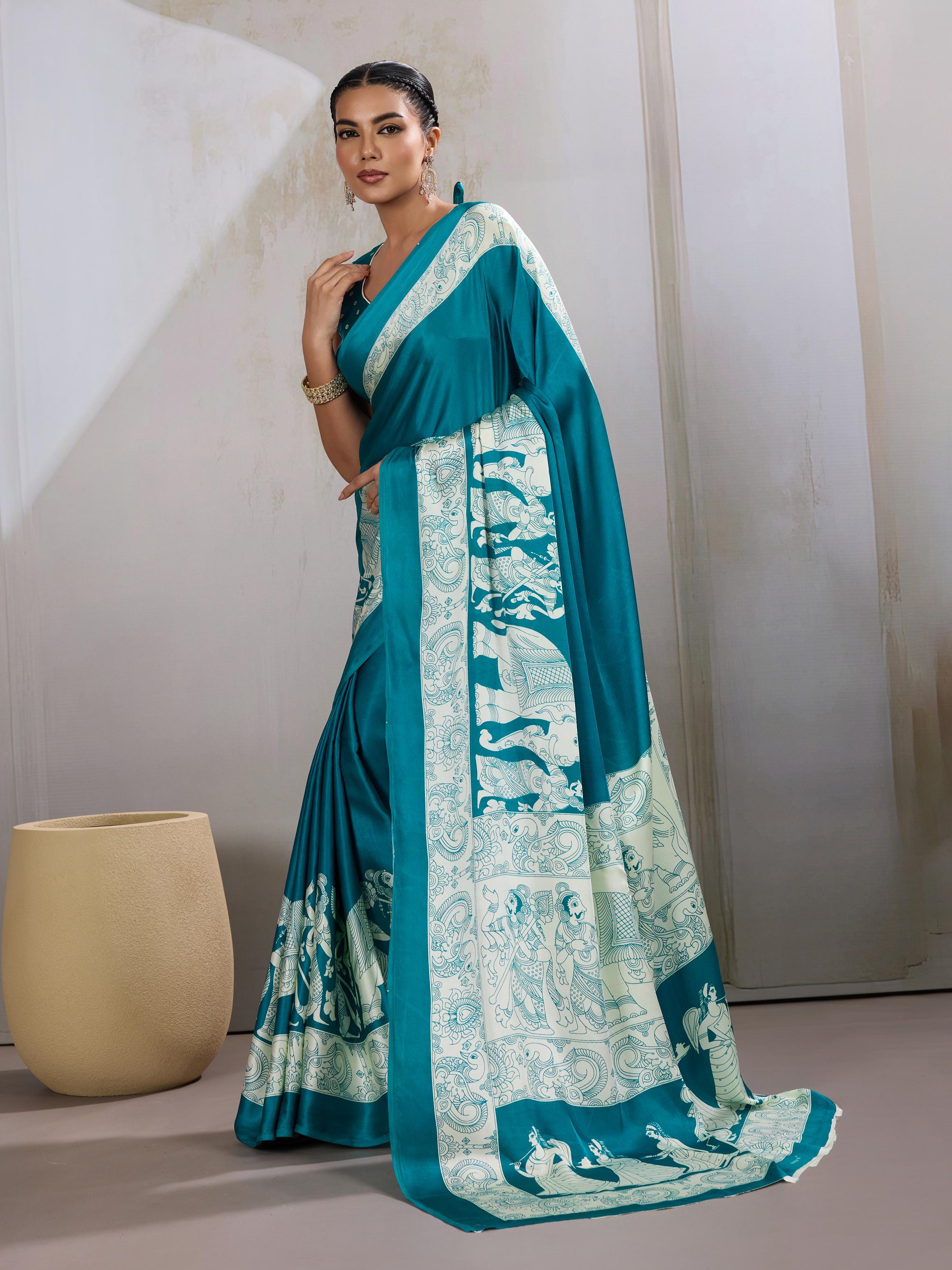 Arctic Rama Ajrakh Printed Satin Crepe Silk Saree