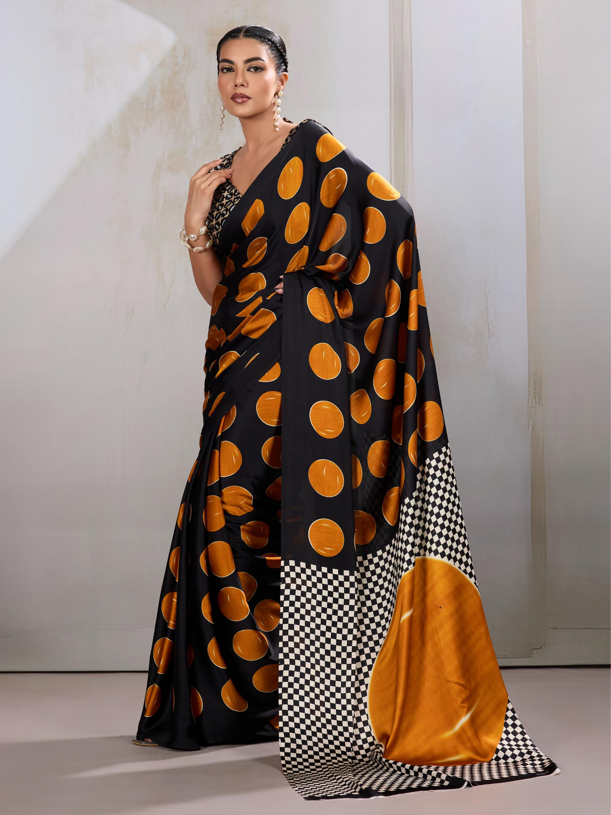 Royal Yellow Ajrakh Printed Satin Crepe Silk Saree