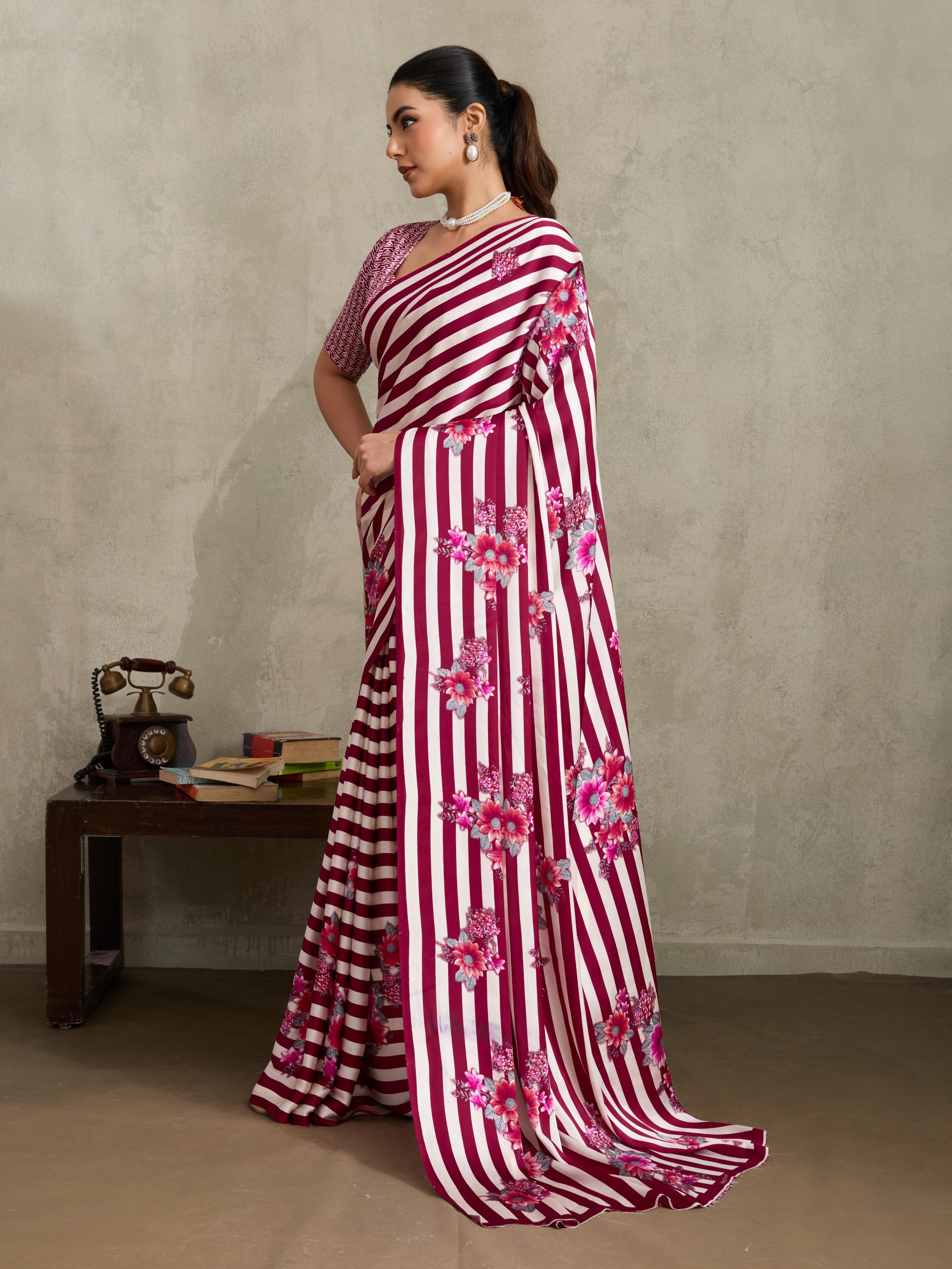 Jam Wine Ajrakh Printed Satin Crepe Soft Silk Saree With Blouse