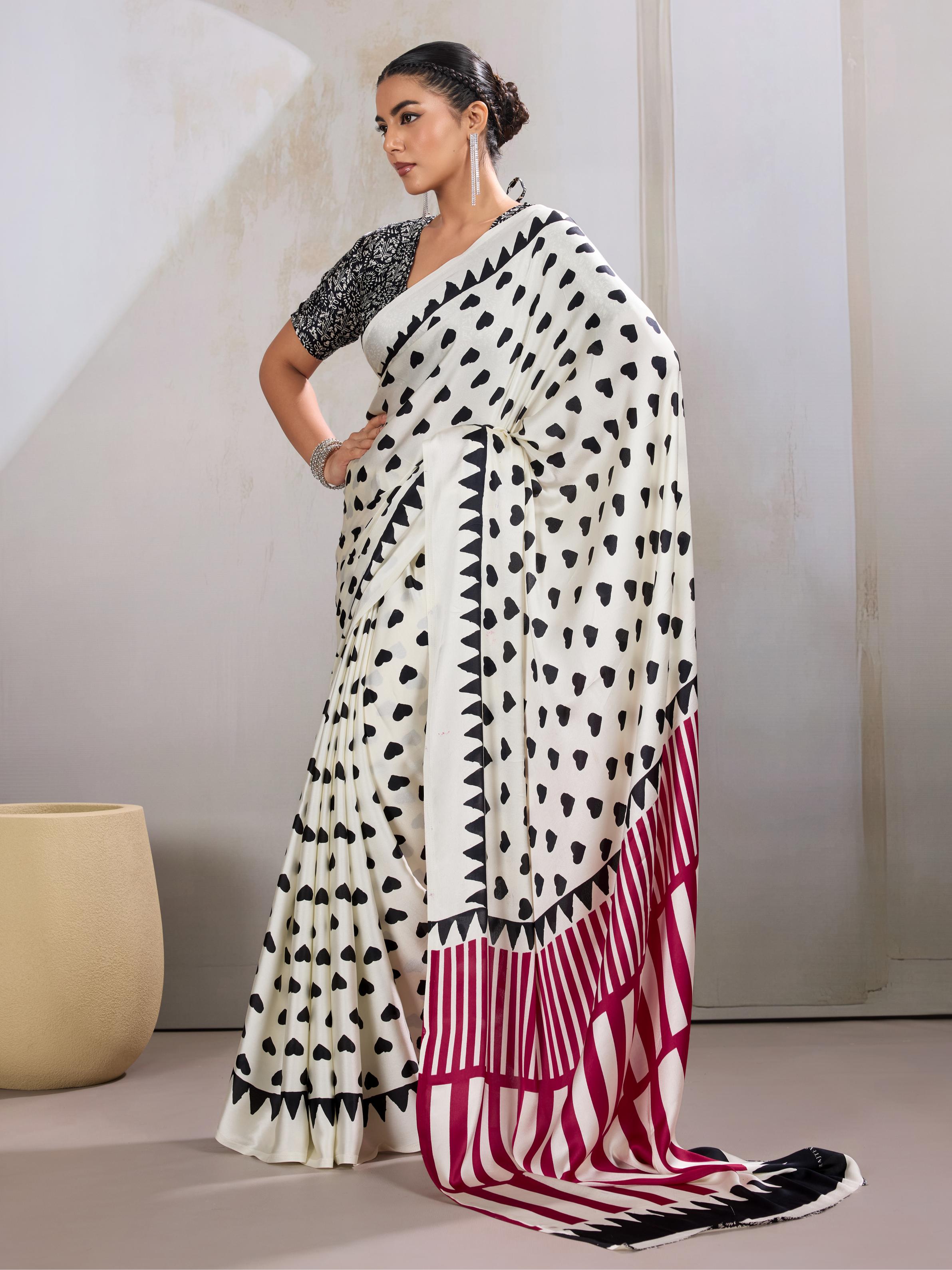 Powder White Ajrakh Printed Satin Crepe Silk Saree