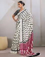 Powder White Ajrakh Printed Satin Crepe Silk Saree