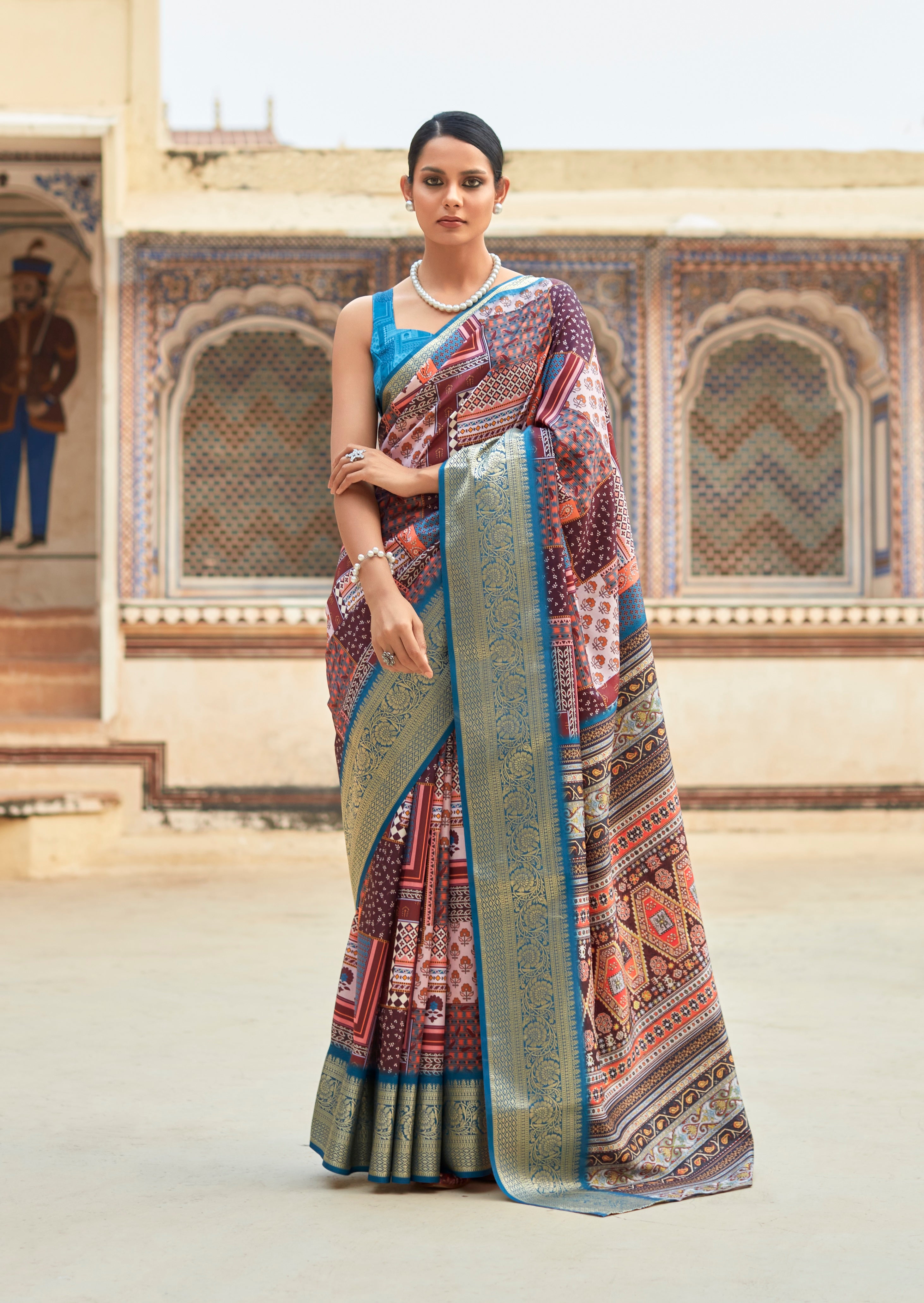 Wine And Sky Blue Digital Printed Dola Silk Saree