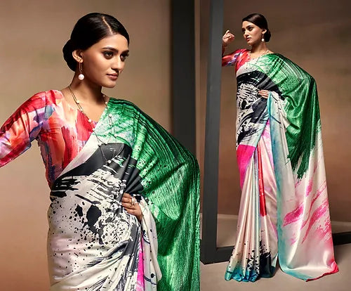 Multicolor Bollywood Style Soft Satin Crepe Saree